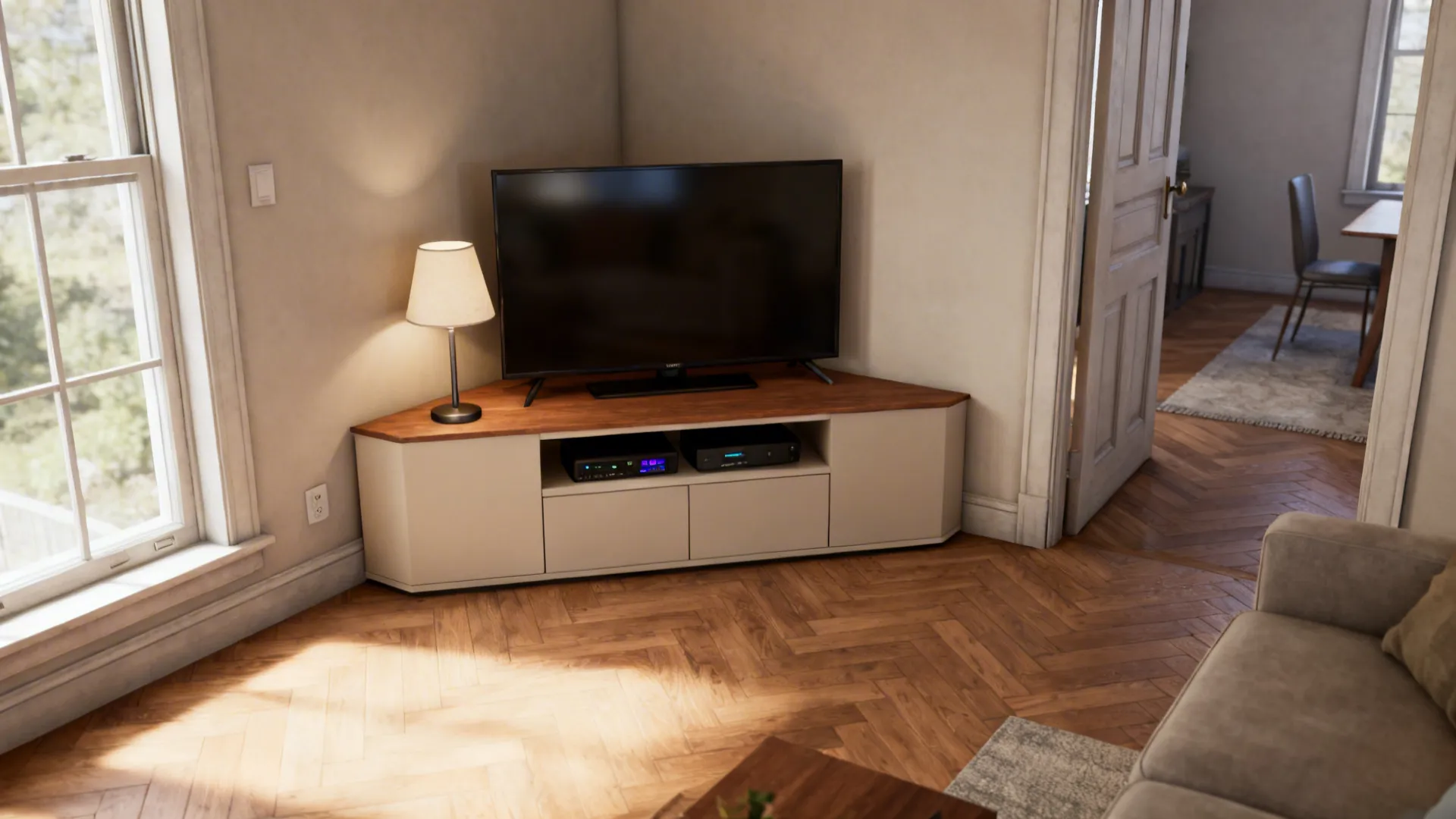 Slim triangular corner media unit holding a television and lamp in a small living room.