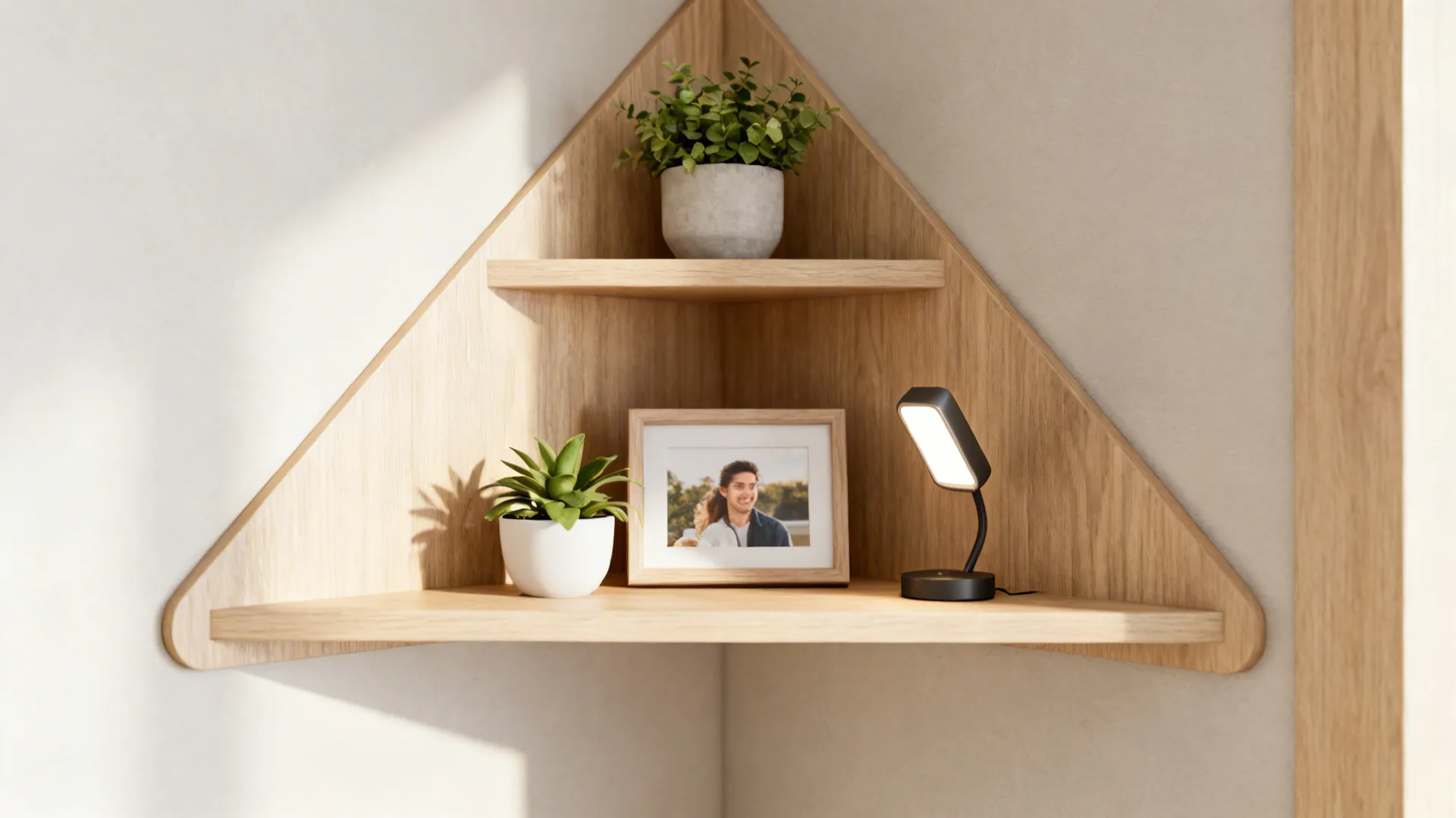 Slim triangular corner shelves holding plants, a photo and a small lamp in a compact living room corner.