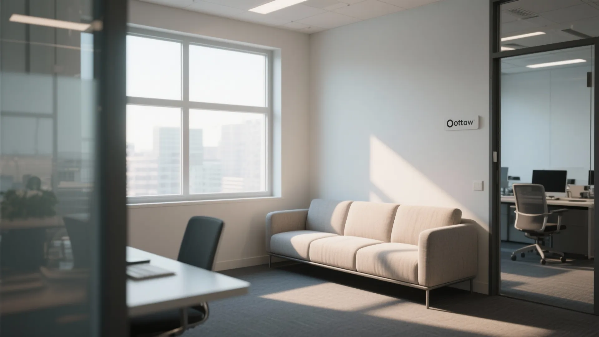 Slim couch placed along sunny office window