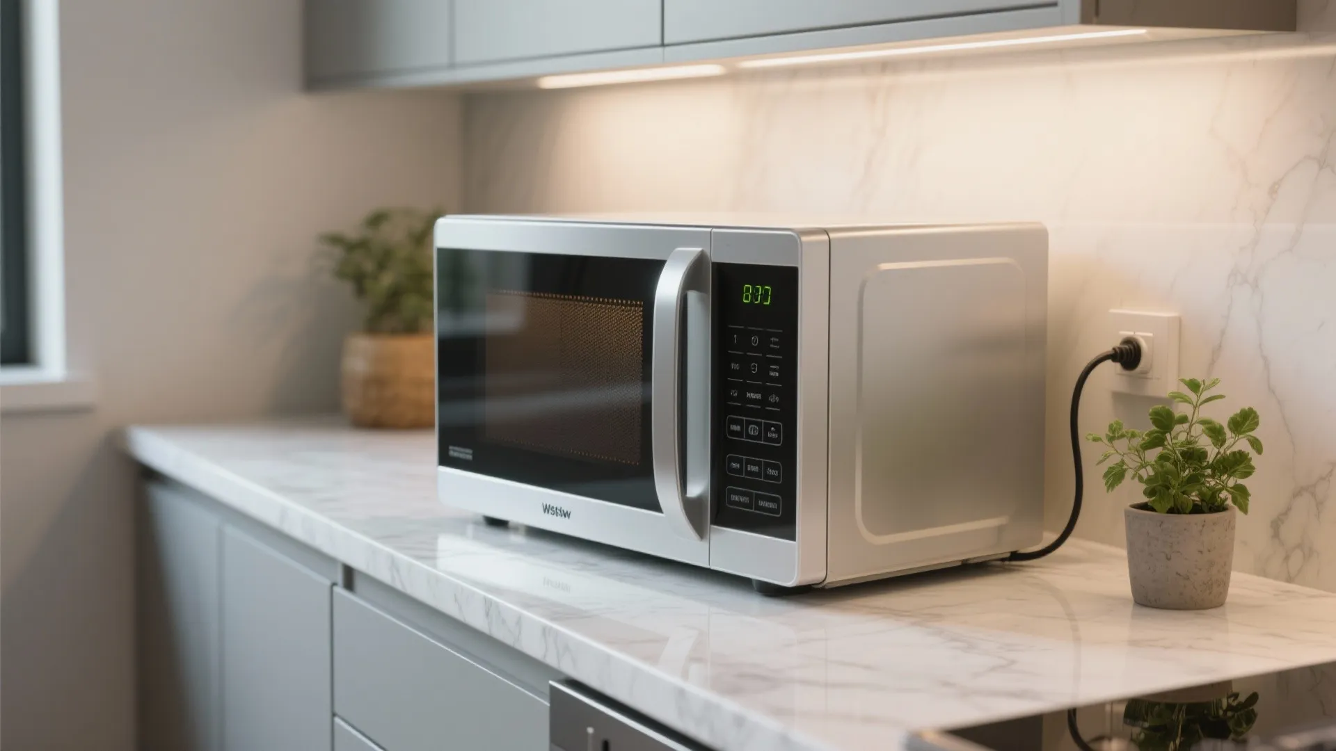 Slim countertop microwave with compact footprint and visible digital presets on a clean kitchen counter with cord tucked away.