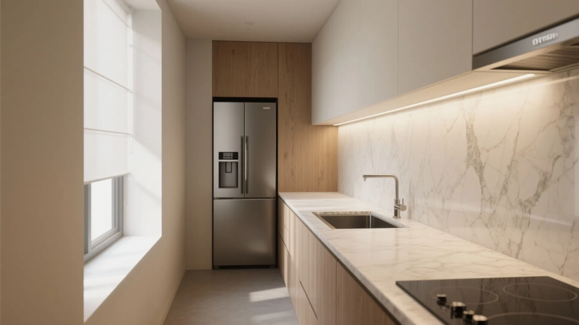 Narrow galley kitchen with a slim continuous quartz-look countertop and a tucked under-counter fridge.