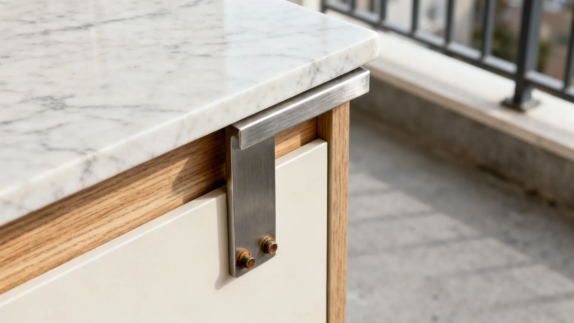 Macro of quartz edge and steel L-bracket supporting a slim balcony counter.