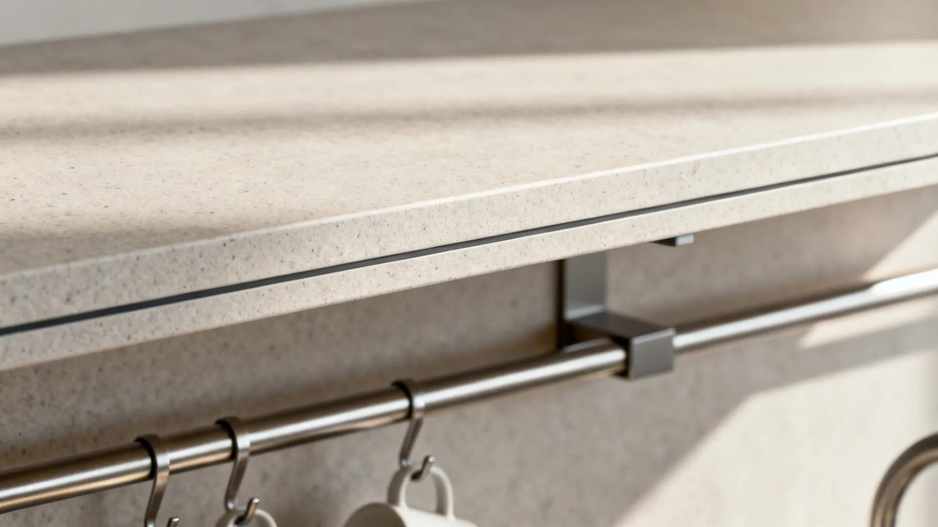 Close up of slim beige countertop edge with a metal hanging rail and white coffee cups