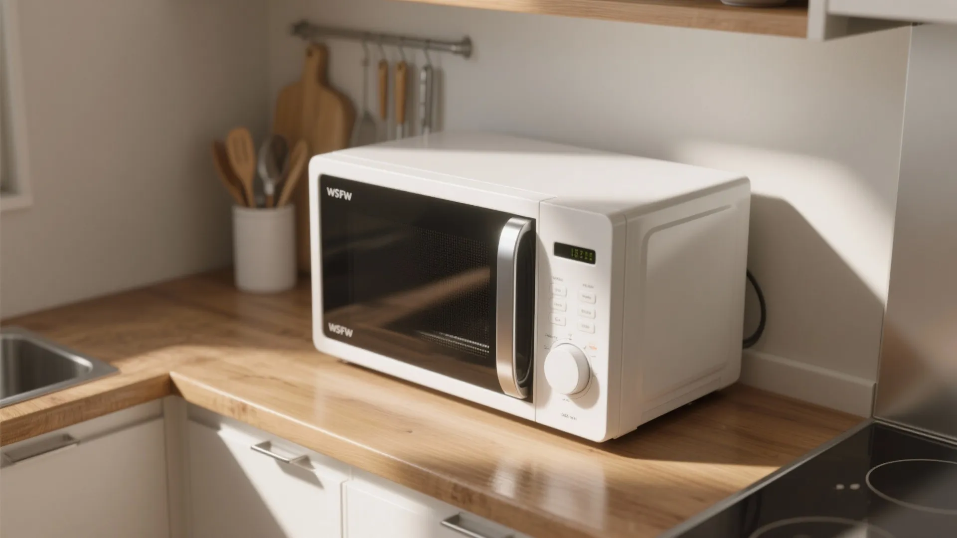 Slim countertop microwave on a narrow wood counter in a compact modern kitchen.