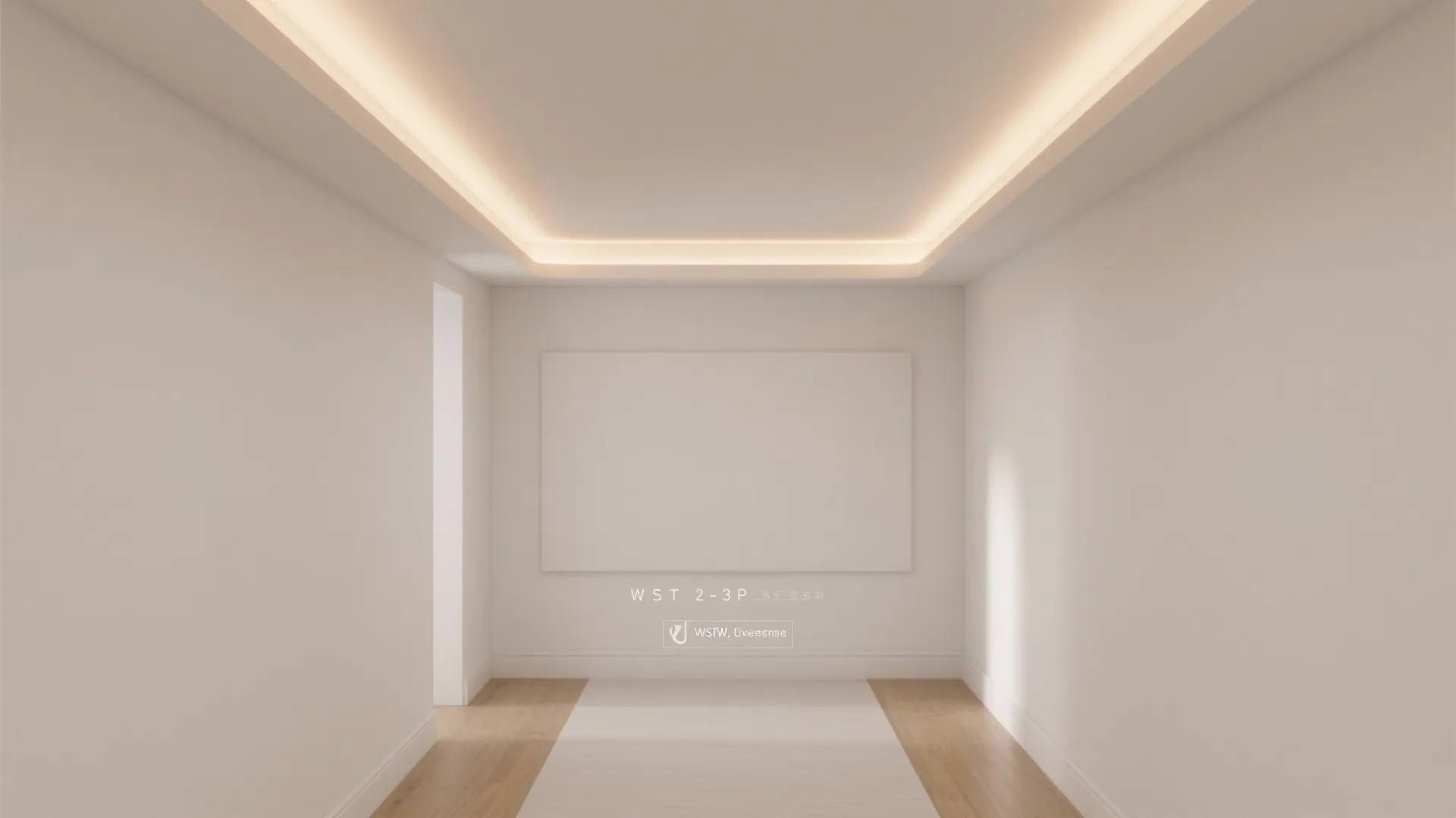 Minimalist interior design drawing featuring soft hidden ceiling lights and a large white wall panel
