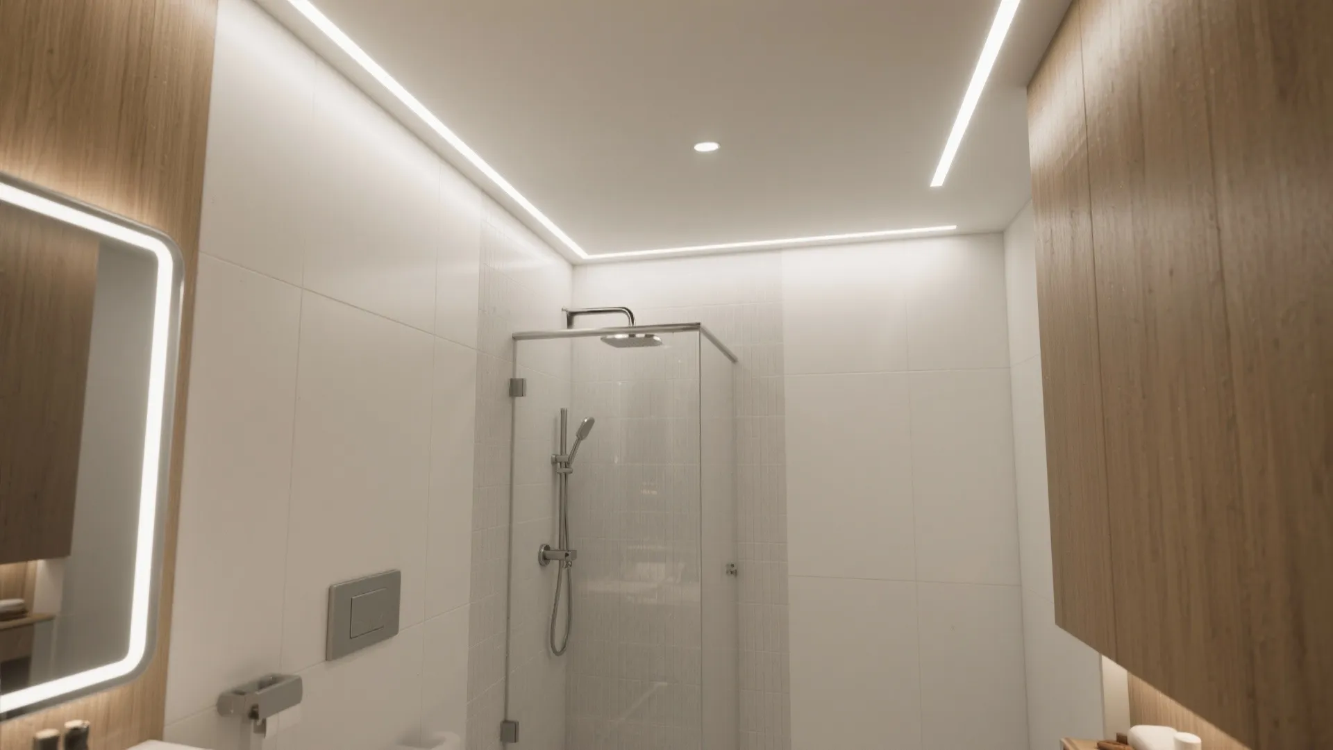 Modern bathroom with white tiles glass shower strip ceiling light and wood wall panel design