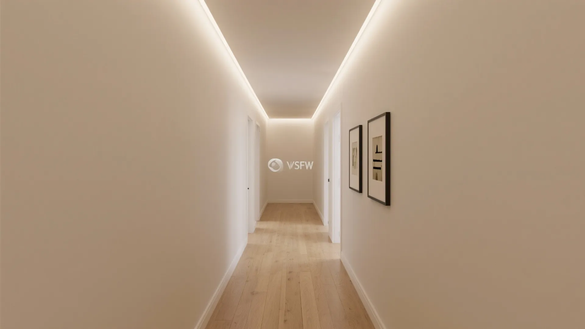 Long hallway with wood floors and white walls featuring framed art and bright linear lighting