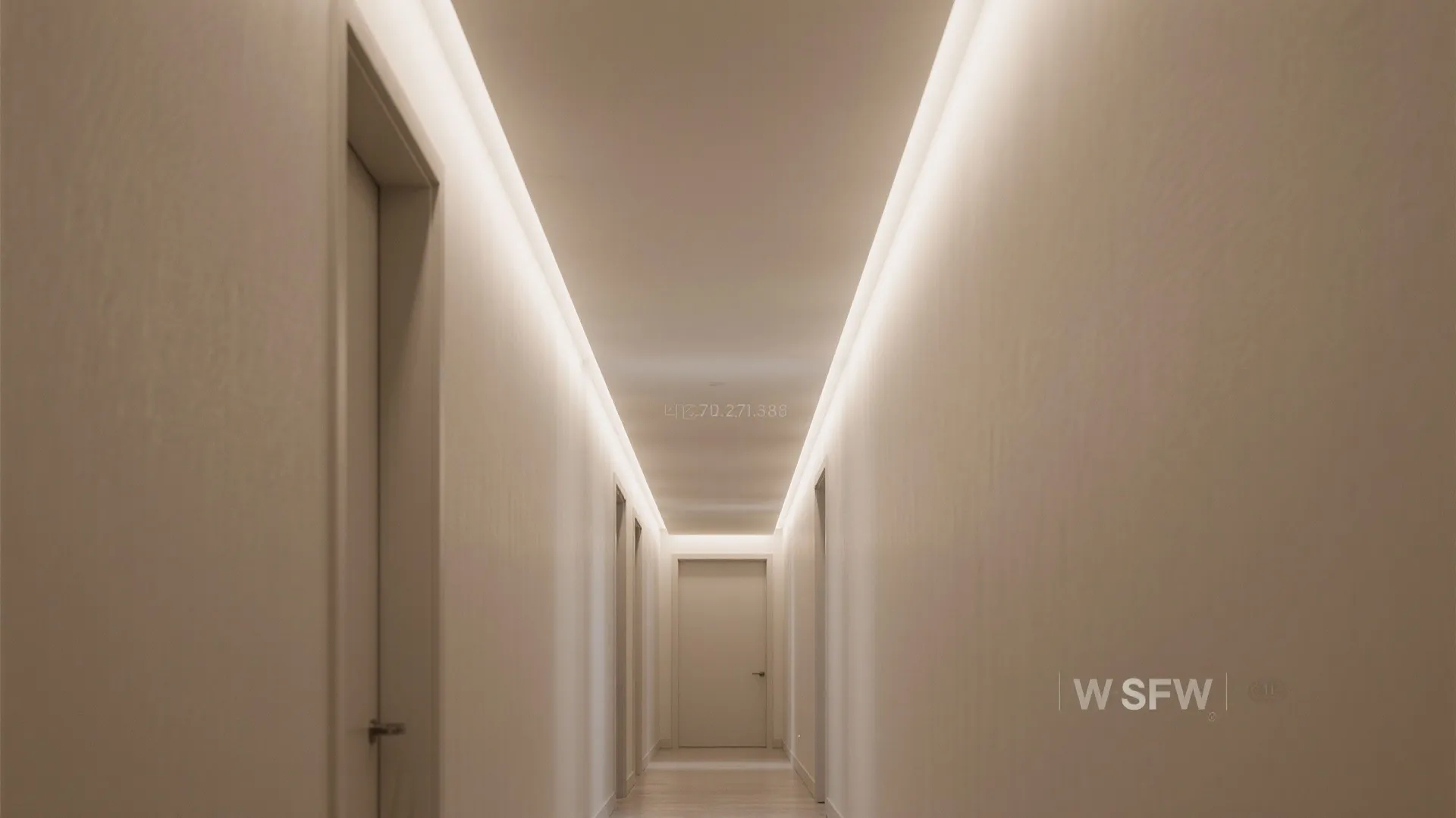 Narrow hallway with slim cove lighting that softly lifts the ceiling.