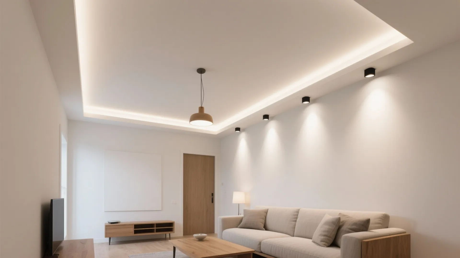 1) Slim recessed lights with a gentle cove