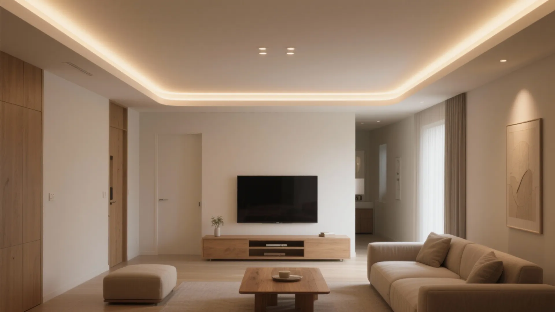 Modern living room with beige sofa wood coffee table television wall and warm hidden ceiling lights