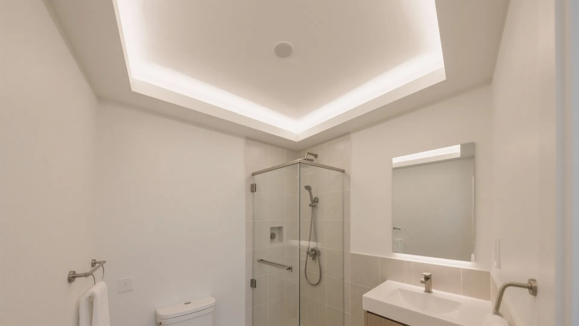 White bathroom with tray ceiling light fixture glass shower stall white sink and large mirror