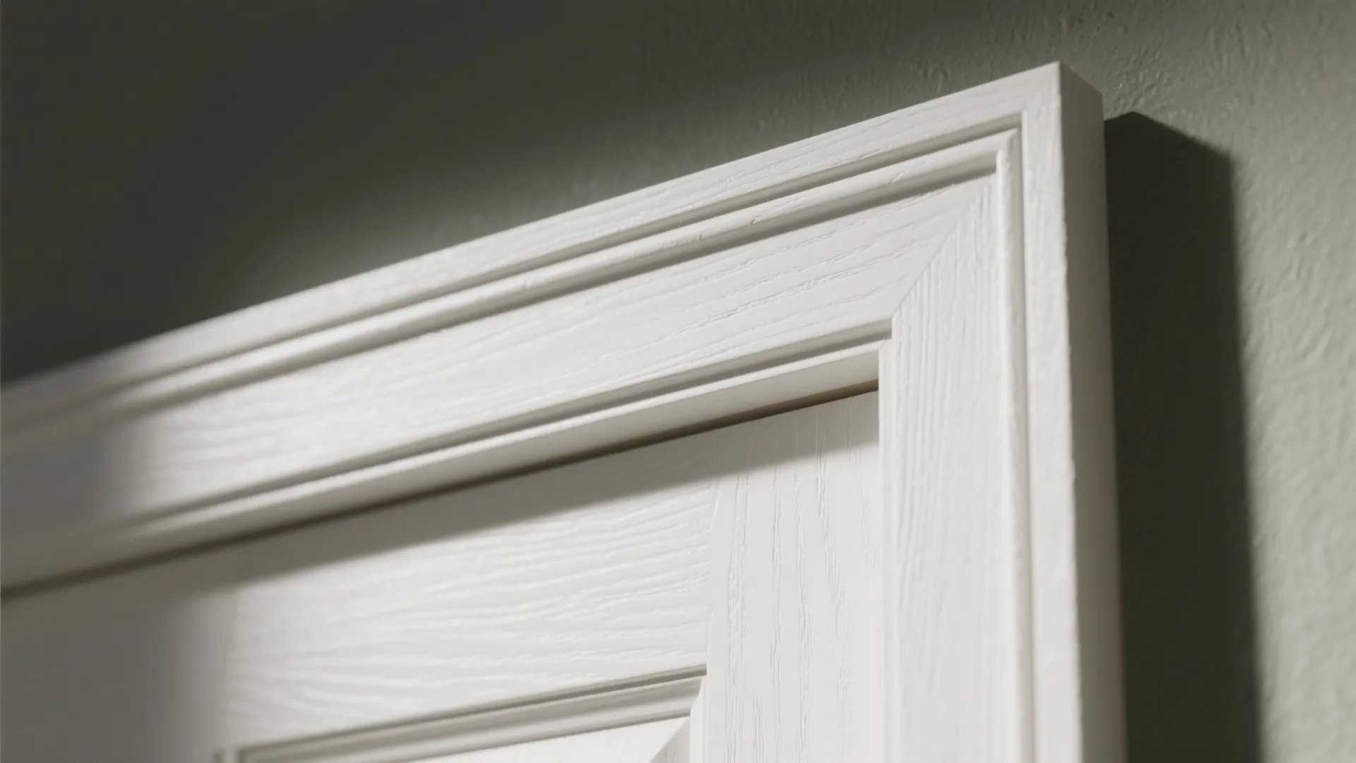 Close up of white wooden cabinet door with decorative frame and natural wood grain texture finish