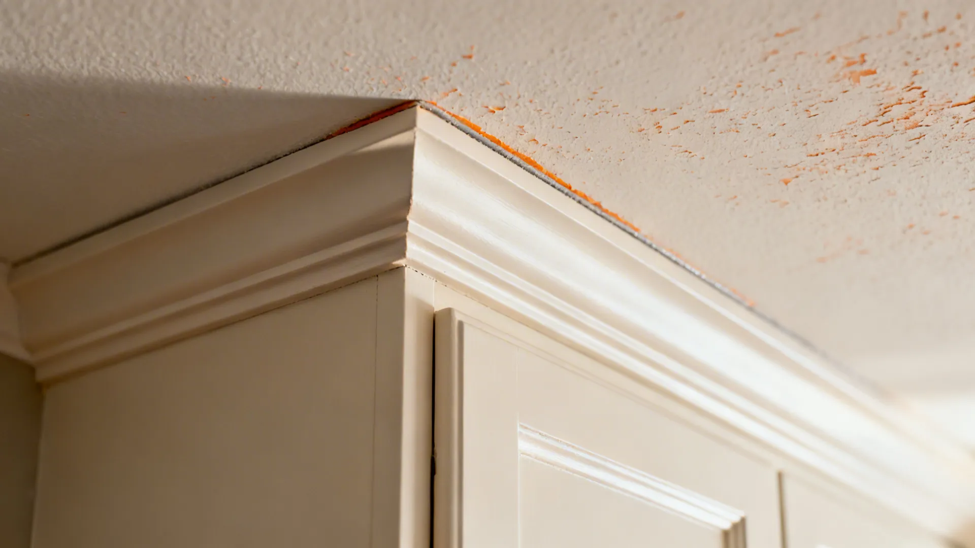 Macro of a slim step crown tightly scribed to the ceiling above a cabinet.