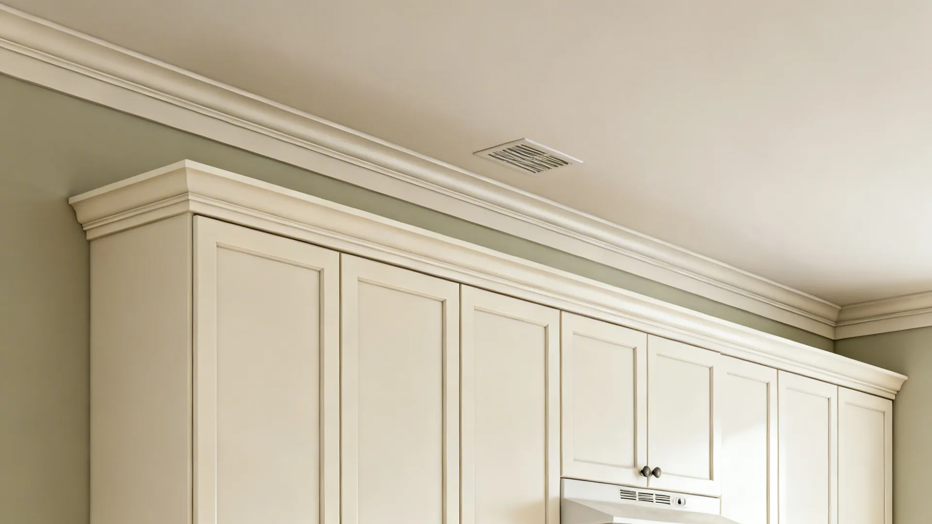 Slim cove crown returns to the ceiling, giving upper cabinets a built-in look.