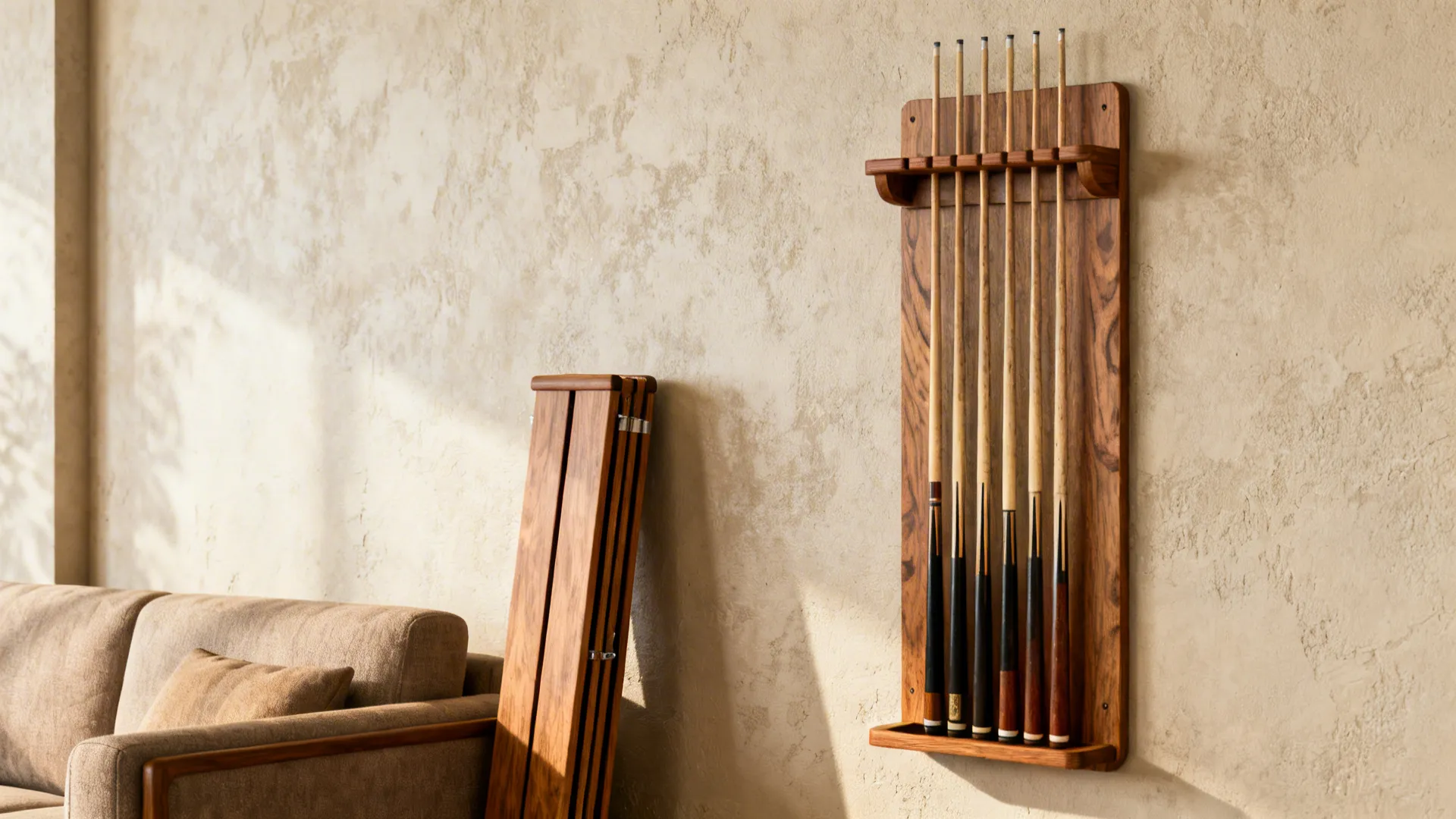 Slim folding and wall-mounted cue racks integrated as functional decor behind a sofa