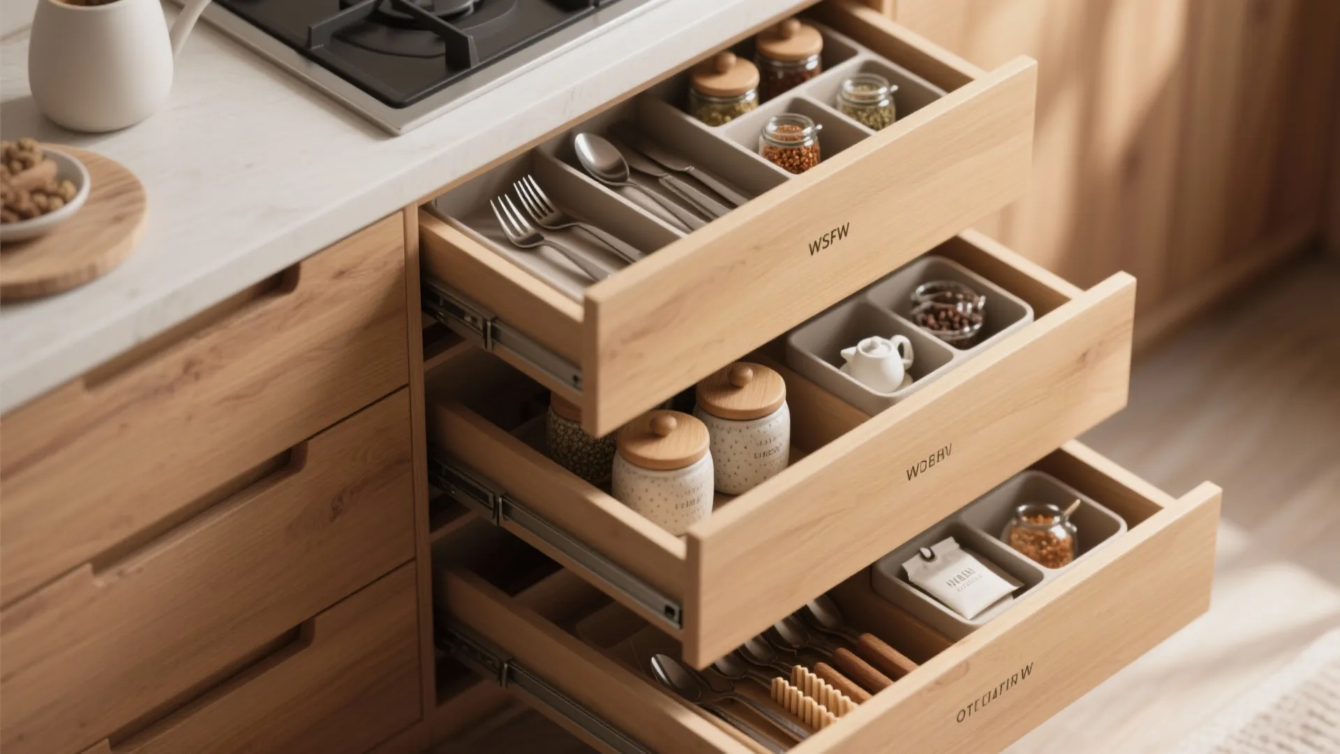 Three open wooden kitchen drawers organized with metal forks spoons spice jars and small containers