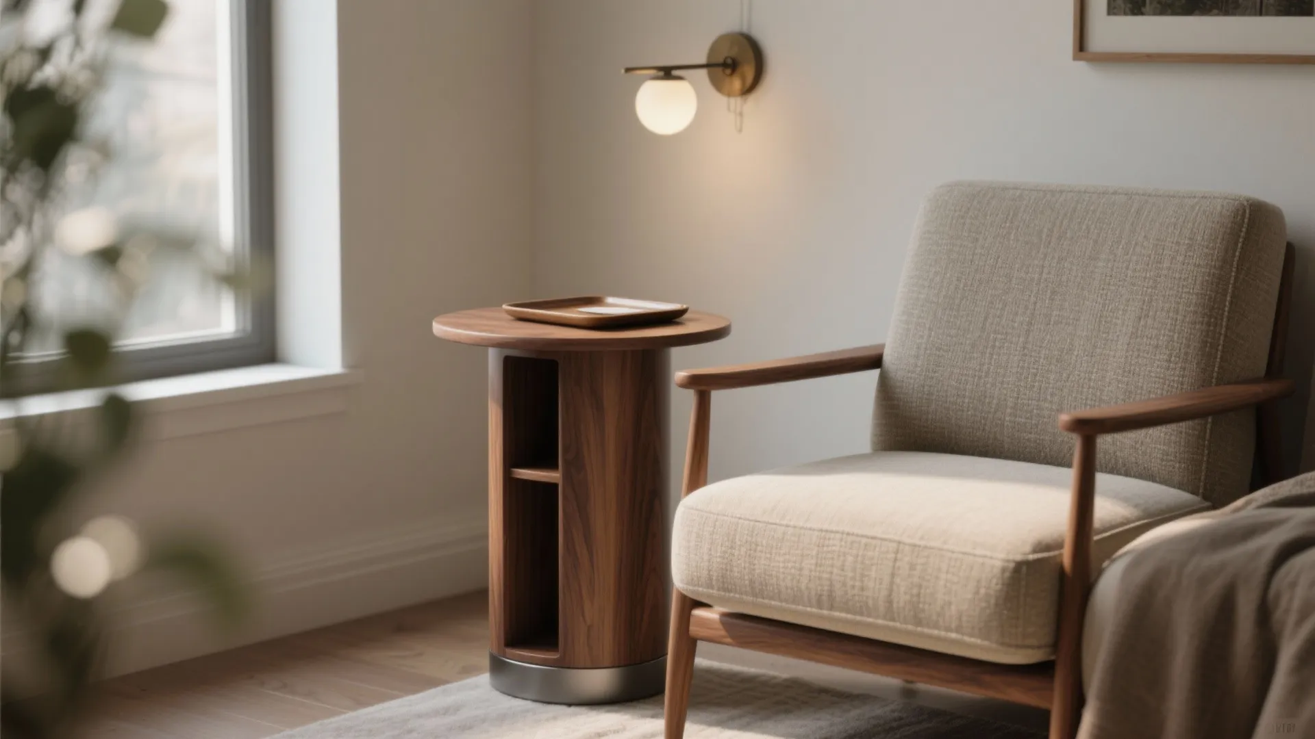 Wooden side table with storage shelf placed next to a beige armchair and wall light