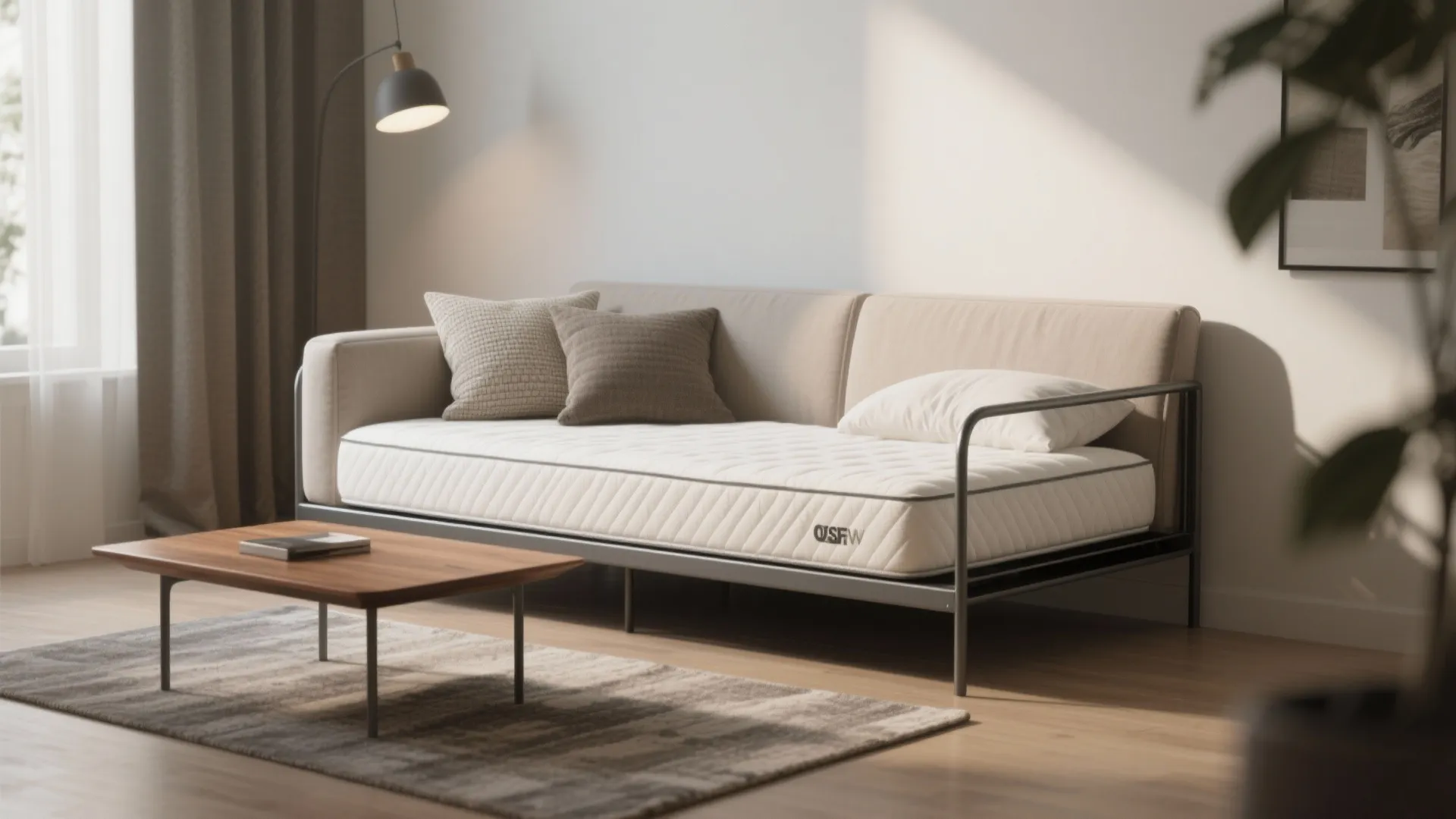 Modern metal frame sofa with white mattress, throw pillows, wooden coffee table, rug, and lamp