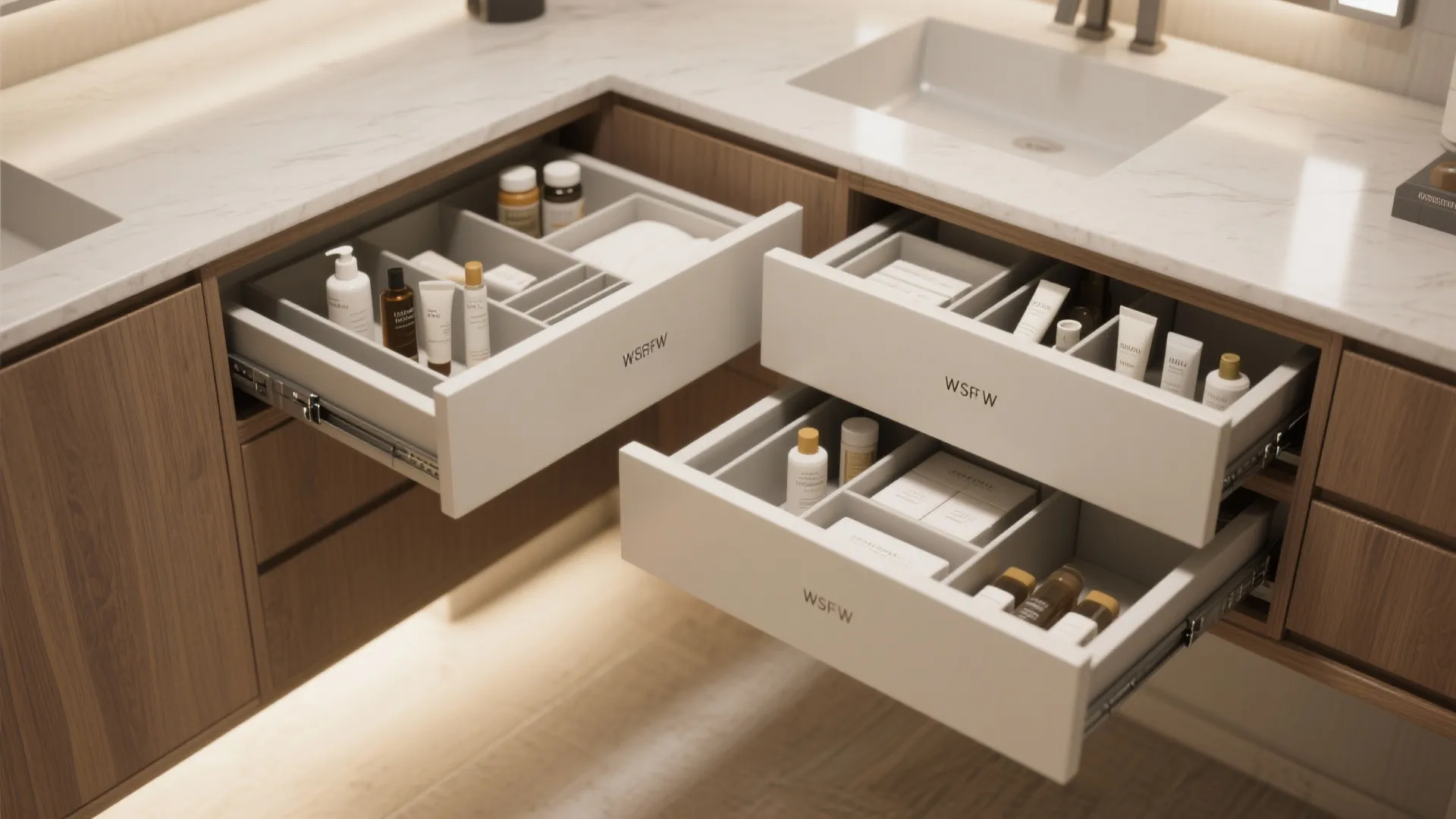 Open bathroom vanity drawers with organized compartments for storing various skincare bottles and small items