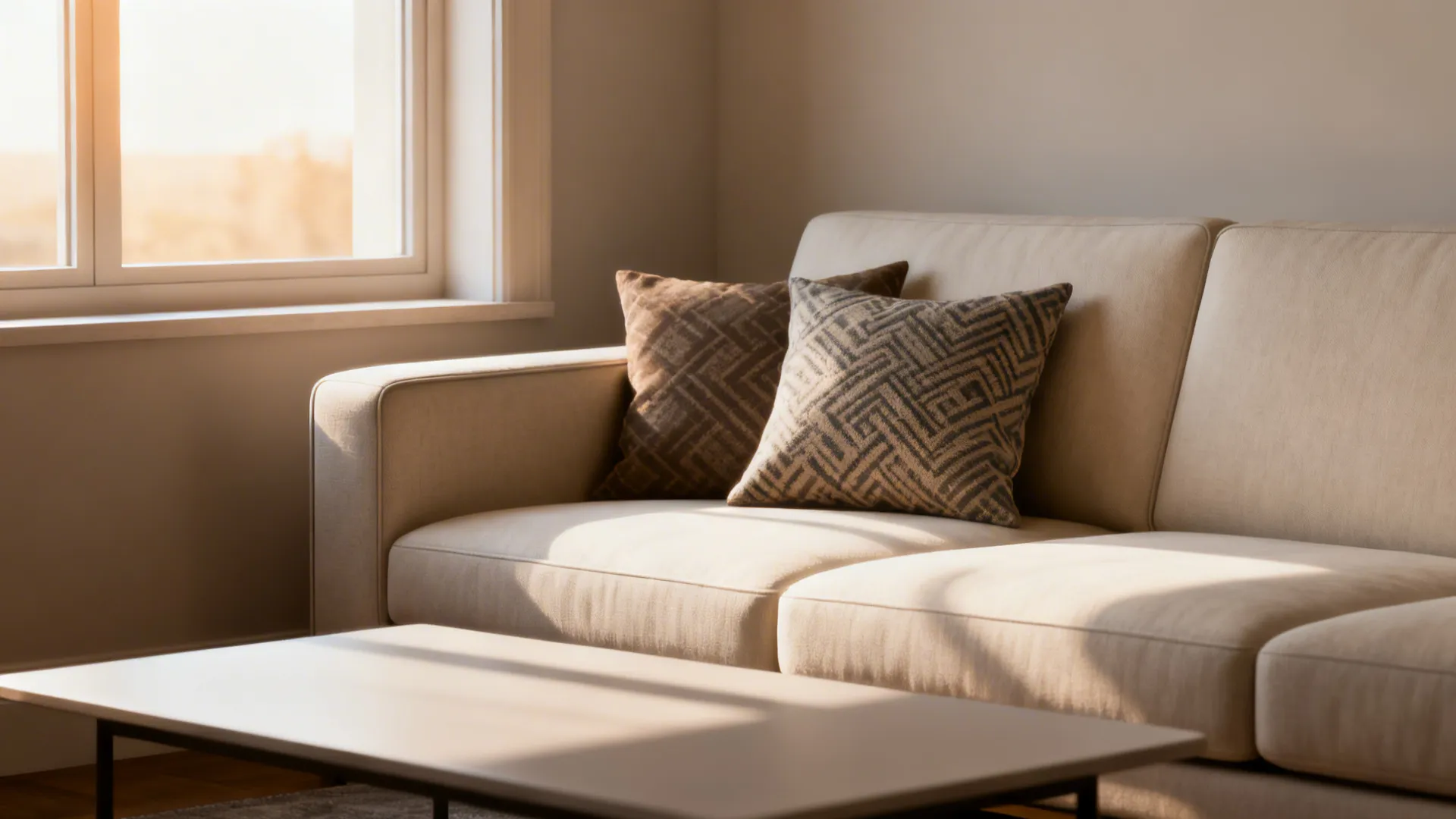Slim-armed sofa with deep seat paired with low coffee table to keep sight lines open