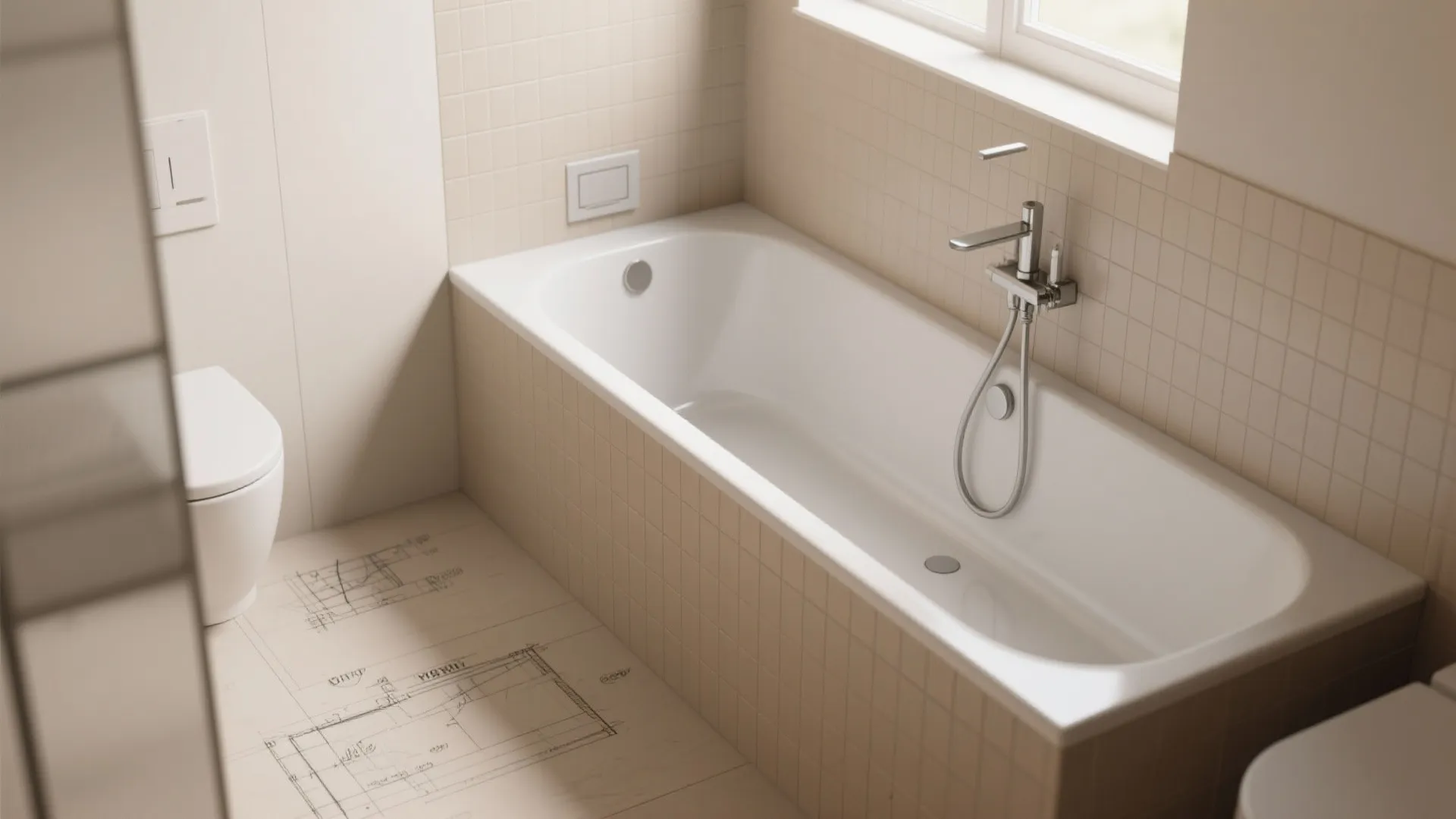 1. Slim deep tub against the short wall