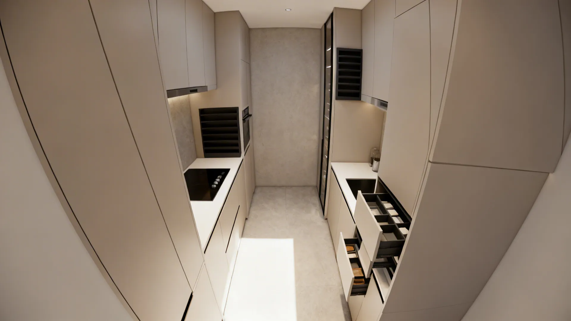 Narrow kitchen layout design with beige cabinets and open drawers showing storage and black induction cooktop