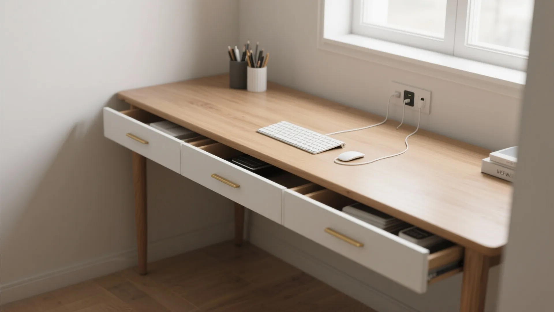 Slim desk with integrated drawers