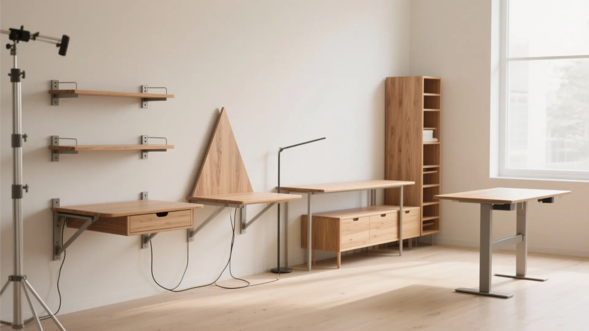 Modern room with wall mounted wooden desks floating shelves tall cabinet and height adjustable standing desk