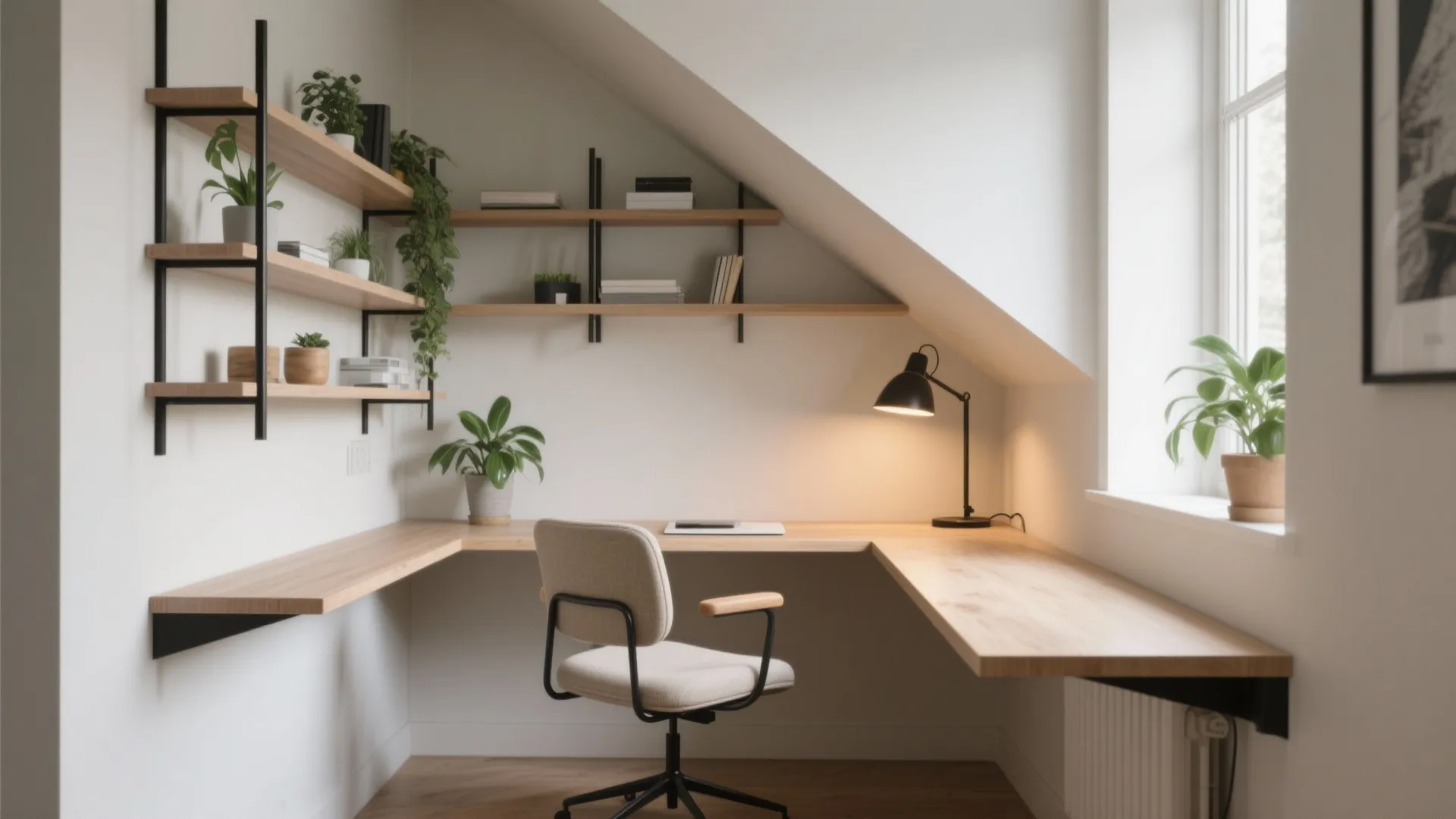 Modern home office with corner wooden desk chair wall shelves desk lamp and natural window light