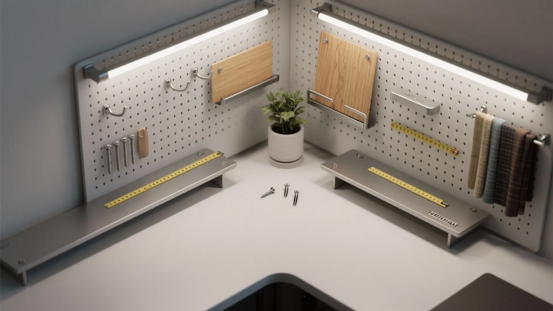 5. Slim desk plus modular shelving and lighting