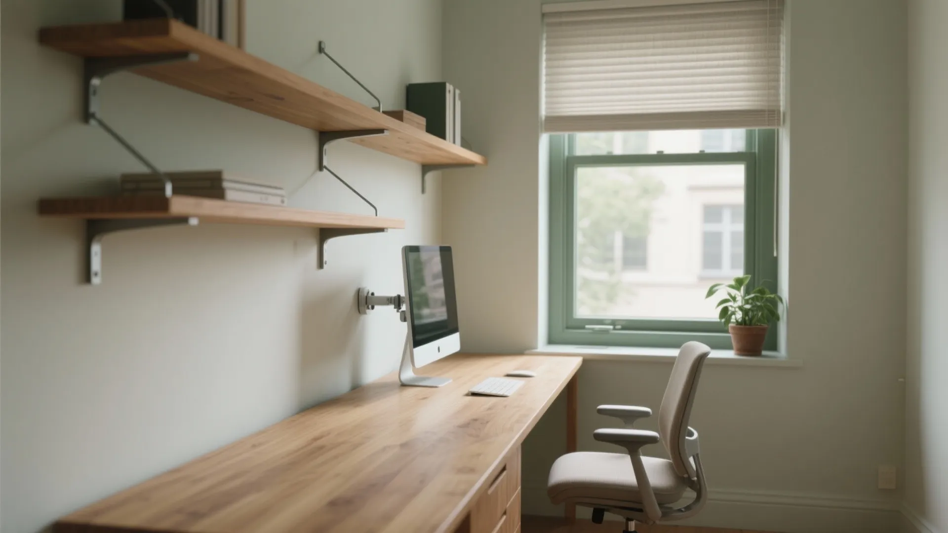 Modern home office with wooden desk computer monitor grey chair wall shelves and a window