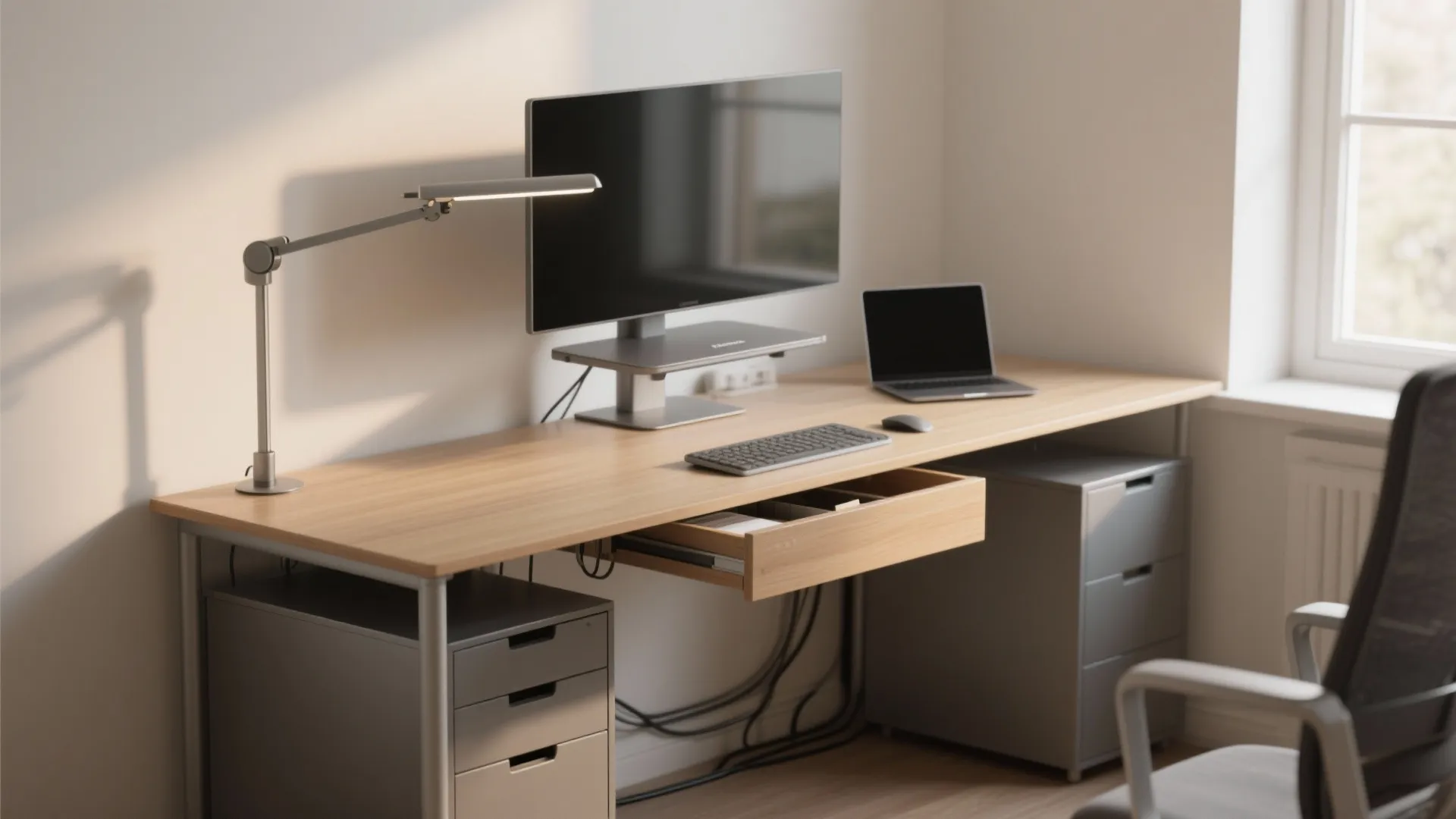 Modern wooden desk with computer monitor and open drawer showing organized office supplies and grey cabinets
