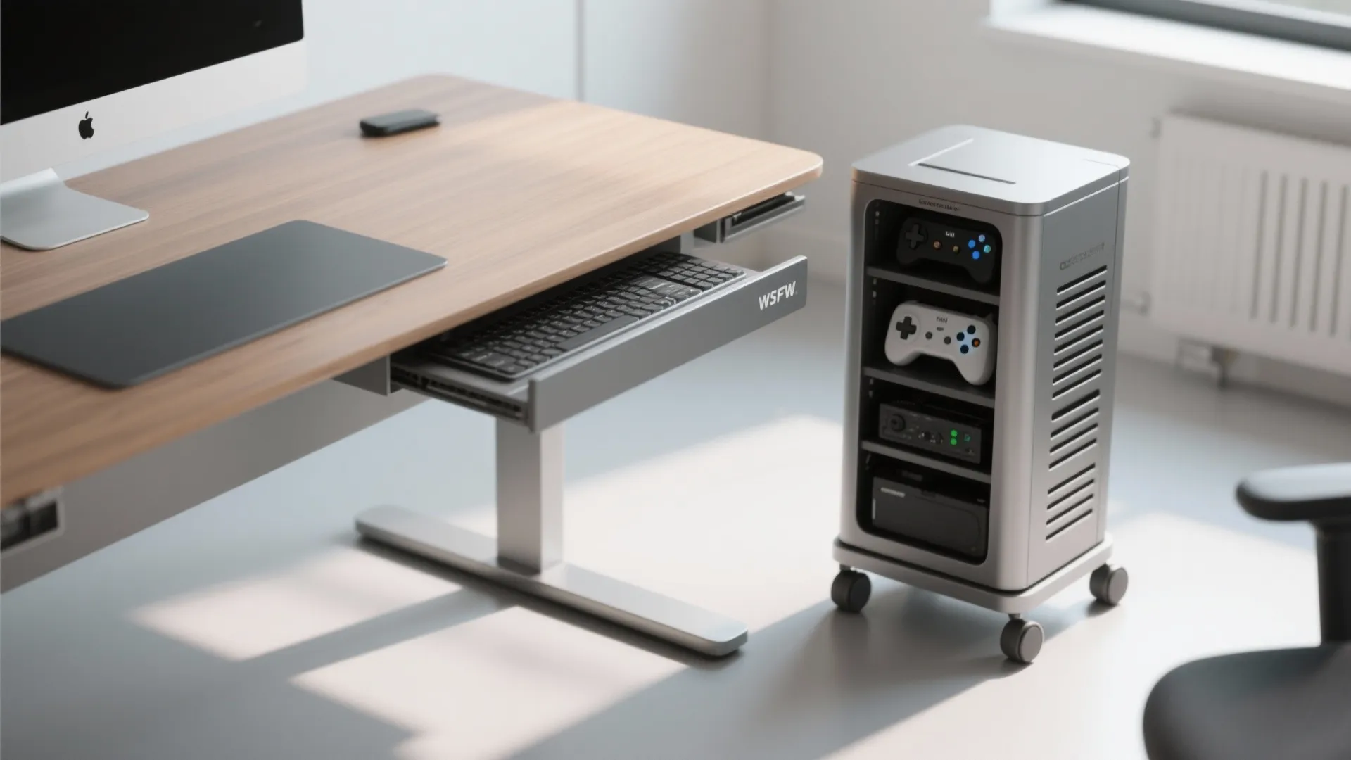 Slim desk with a rolling PC tower and pull-out keyboard tray in a compact gaming setup.