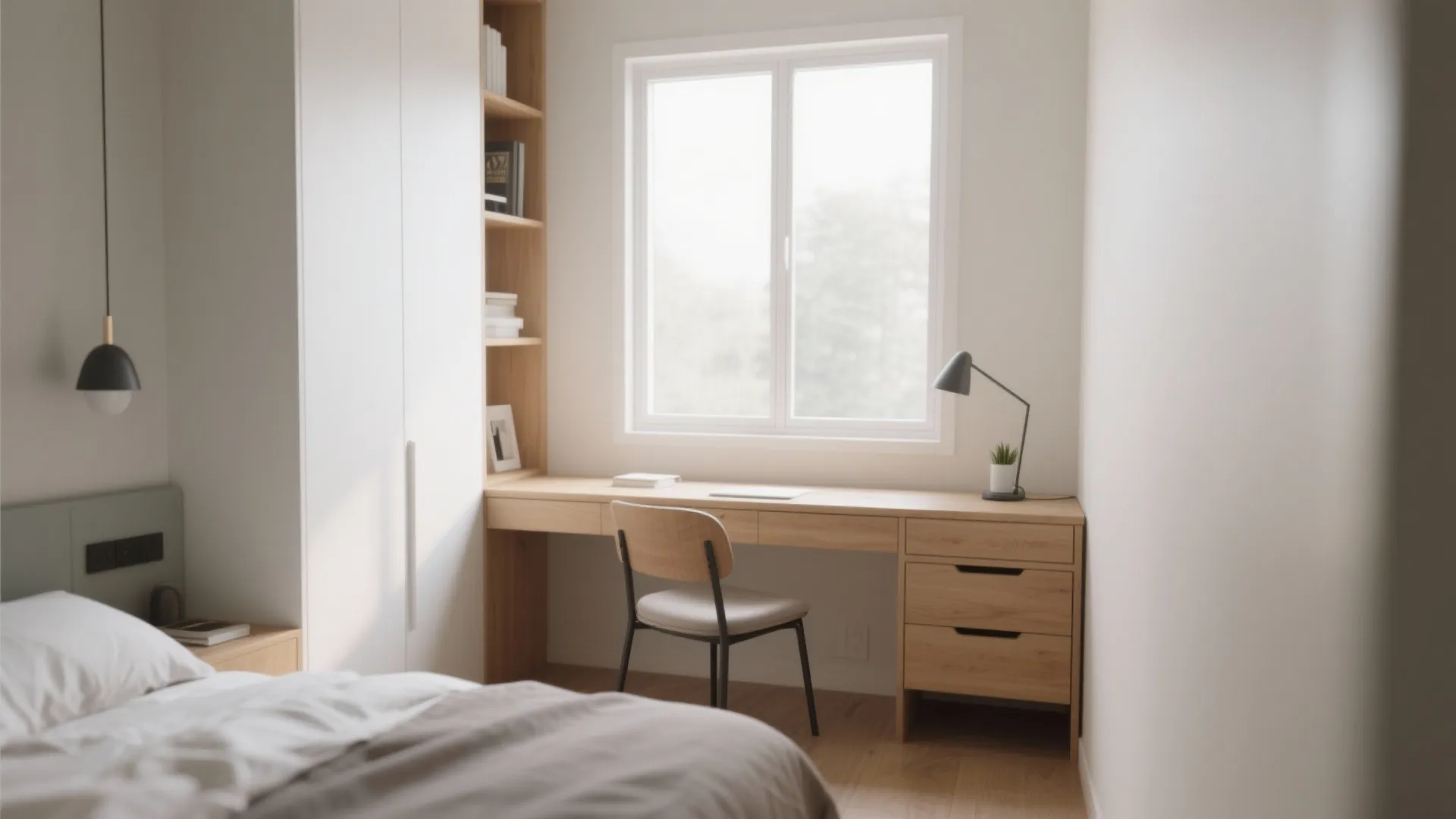 Wooden desk and chair placed under a white window next to a tall white cabinet