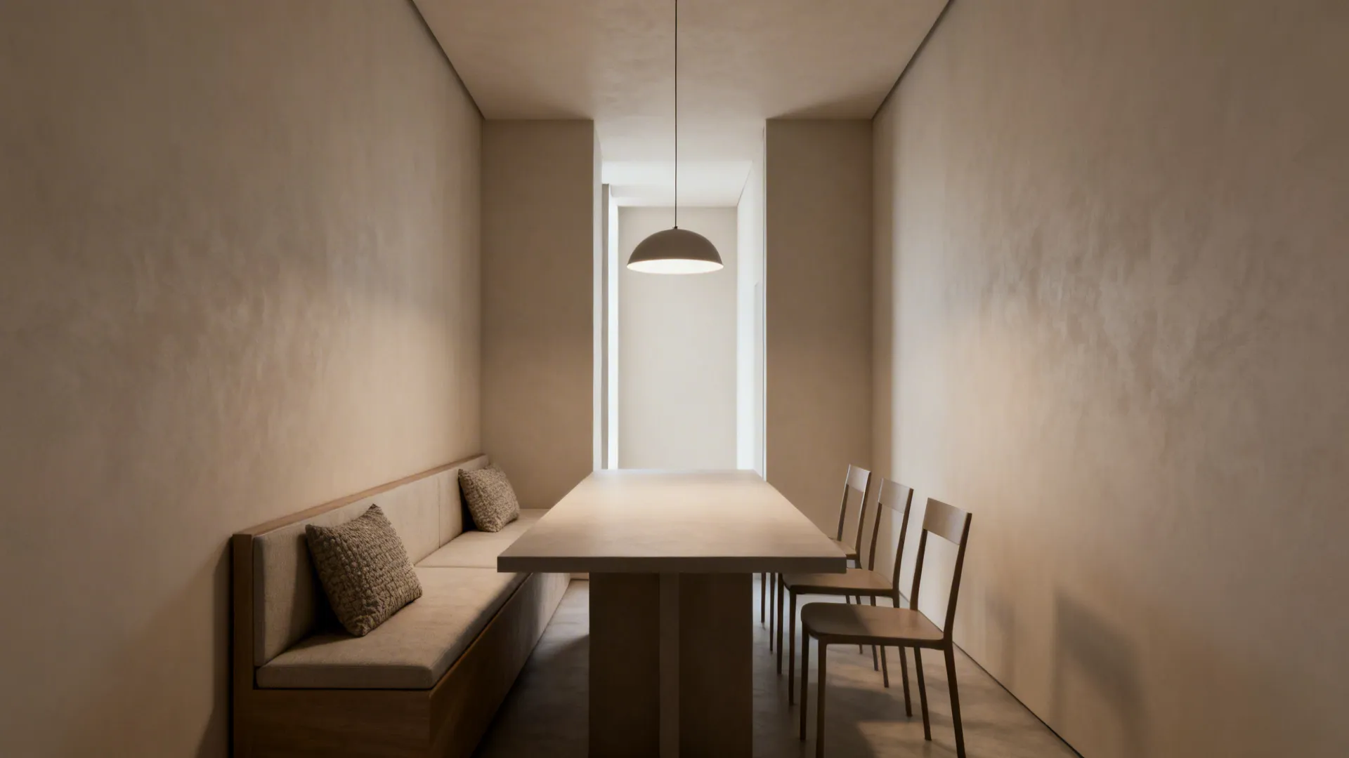 Slim dining table with bench seating in a long narrow living-dining combo