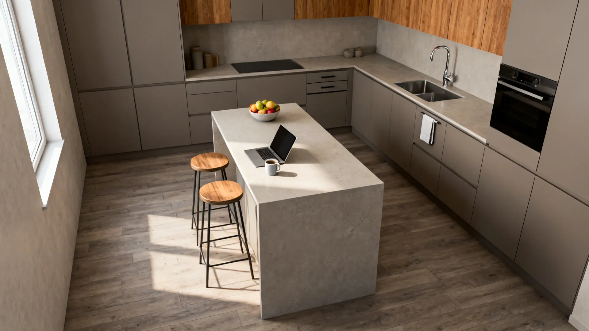 Slim island with two stools and hidden storage in a minimalist small kitchen.