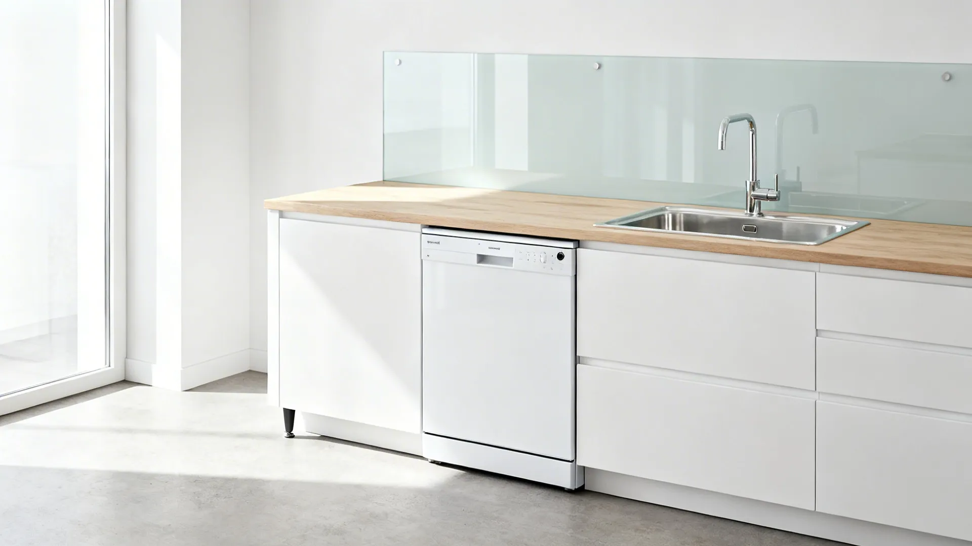 Panel-ready 45 cm slim dishwasher under a clean countertop with a clear sink area.