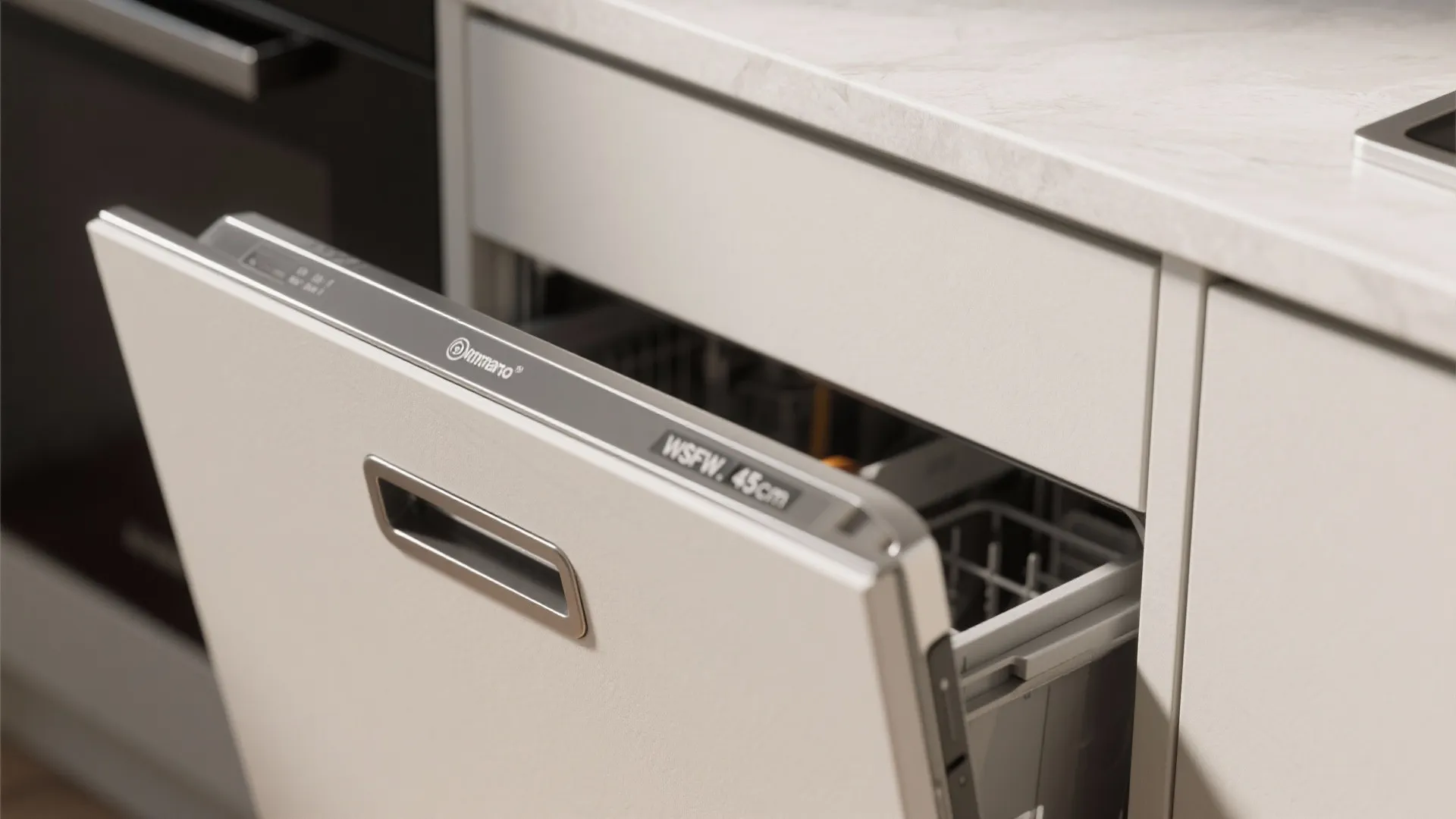 Close up of a slim white dishwasher slightly open under a white marble kitchen countertop surface