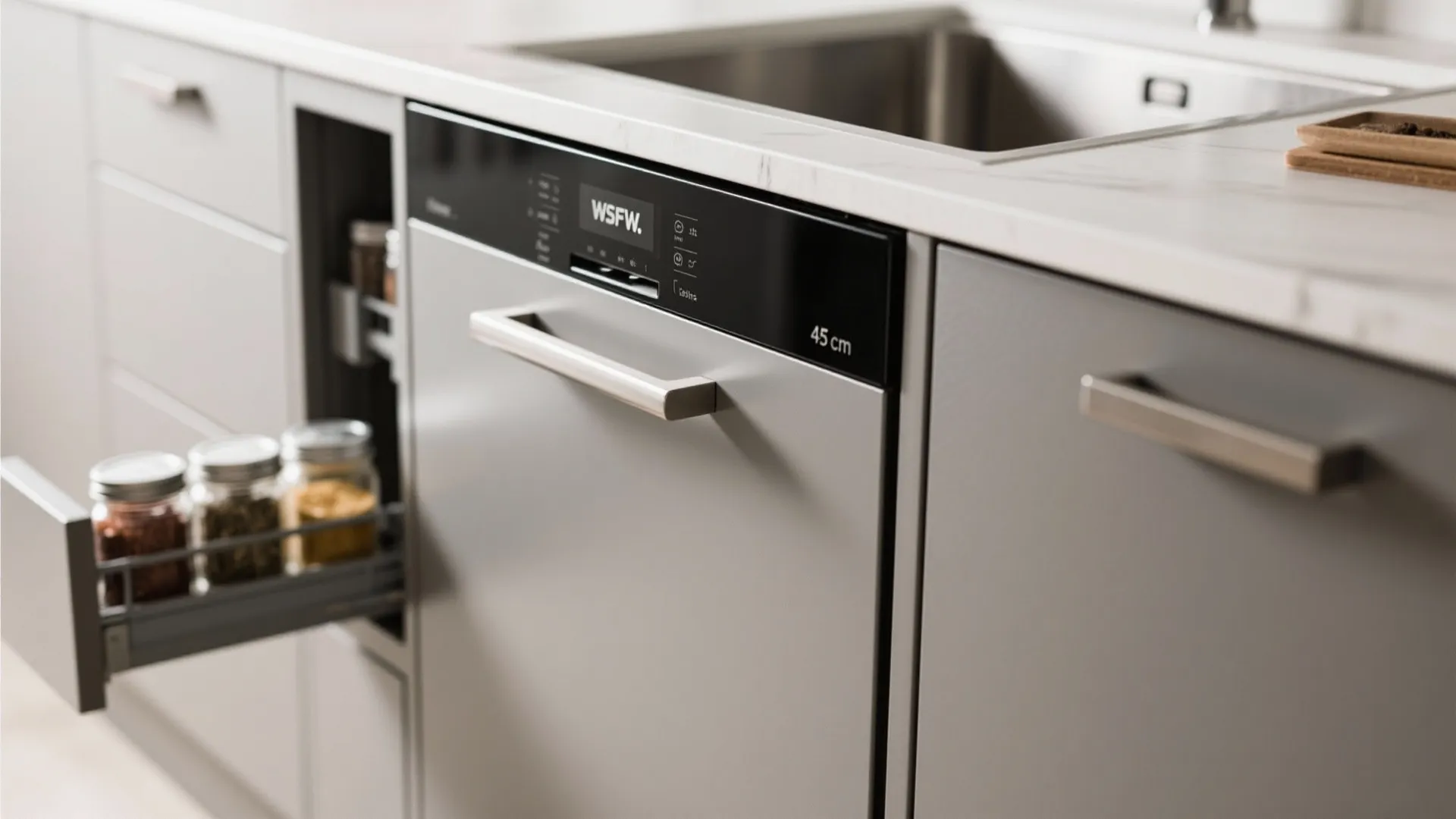 Grey kitchen cabinets featuring a slim built-in dishwasher and an open side drawer for spices