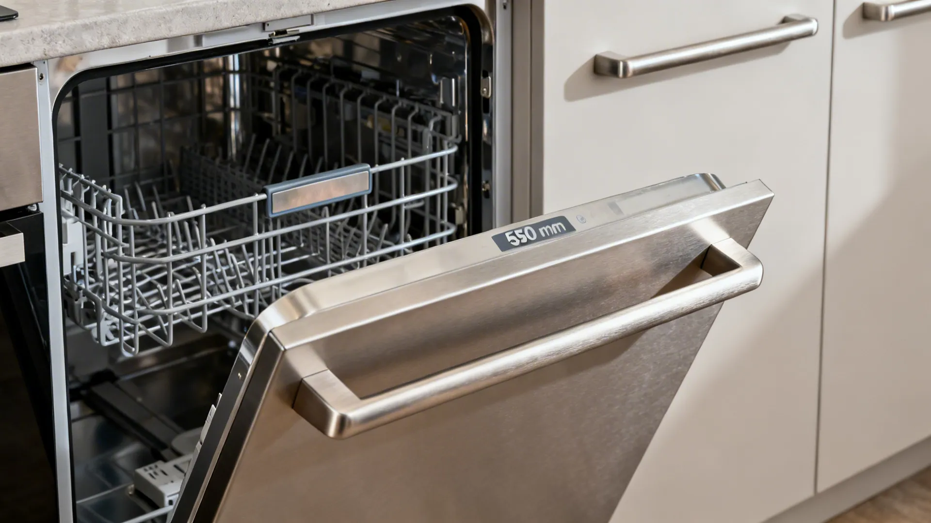 Macro of a 450 mm dishwasher partially open beside the sink with clean satin cabinetry.