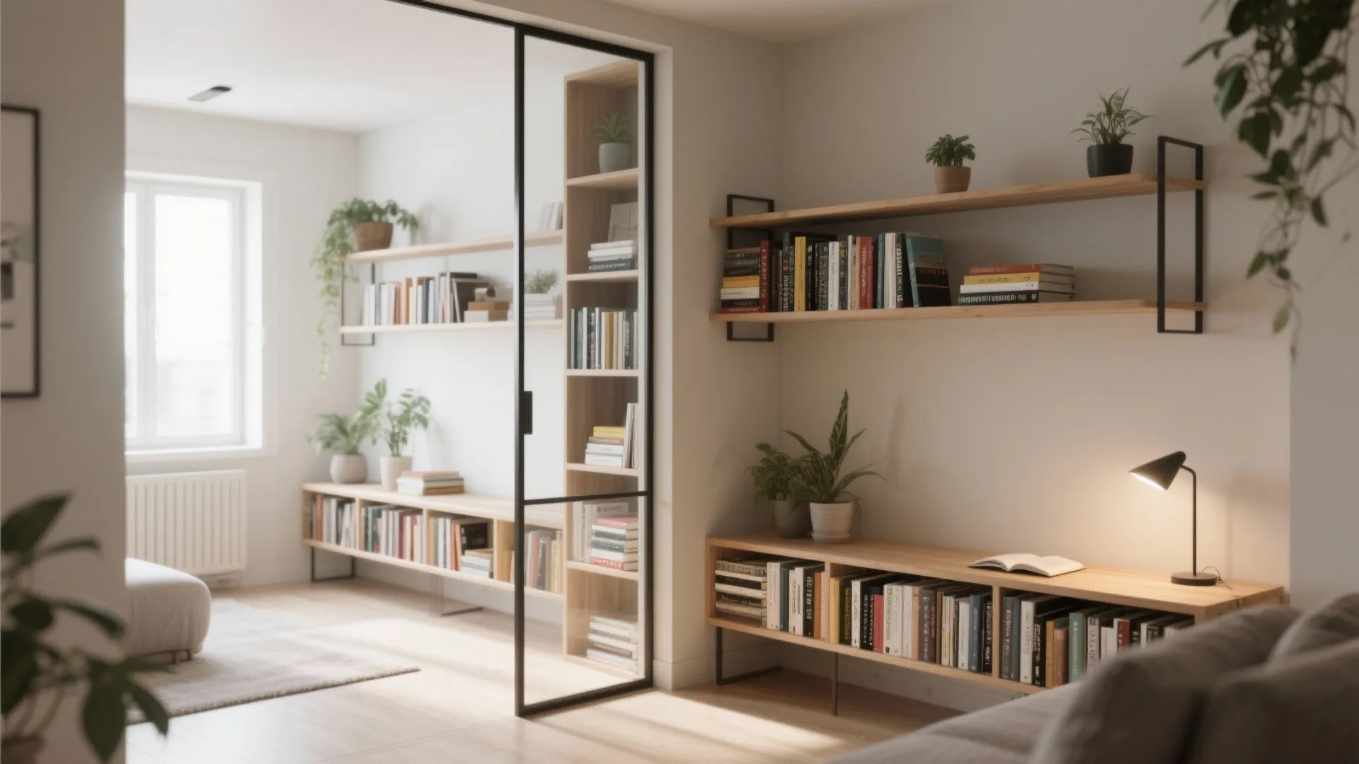 Slim double-sided bookcase used as a room divider with open shelving, plants and a lamp on top.