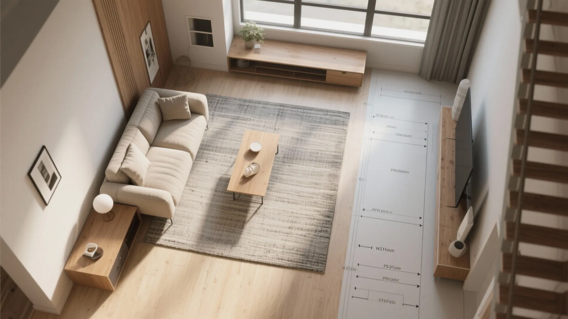 Top-down zoning plan showing a narrow bench behind a sofa and a clear walkway in a compact living room.