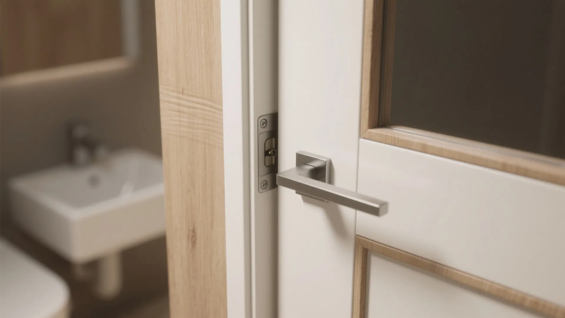 Close-up of a slim-profile bathroom door stile and minimalist hardware