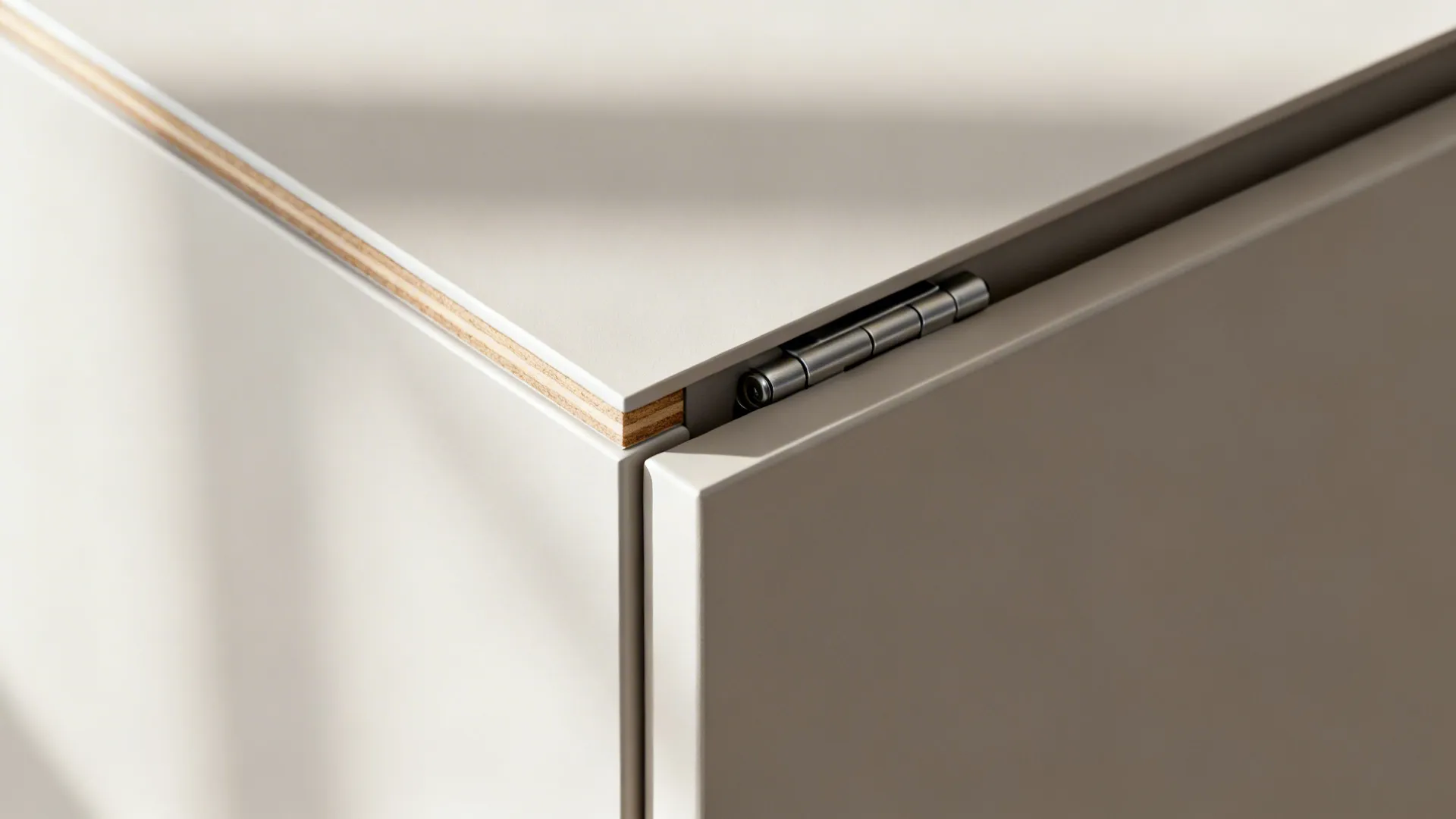 Macro view of a slim cabinet door with push-to-open hardware and concealed hinge.