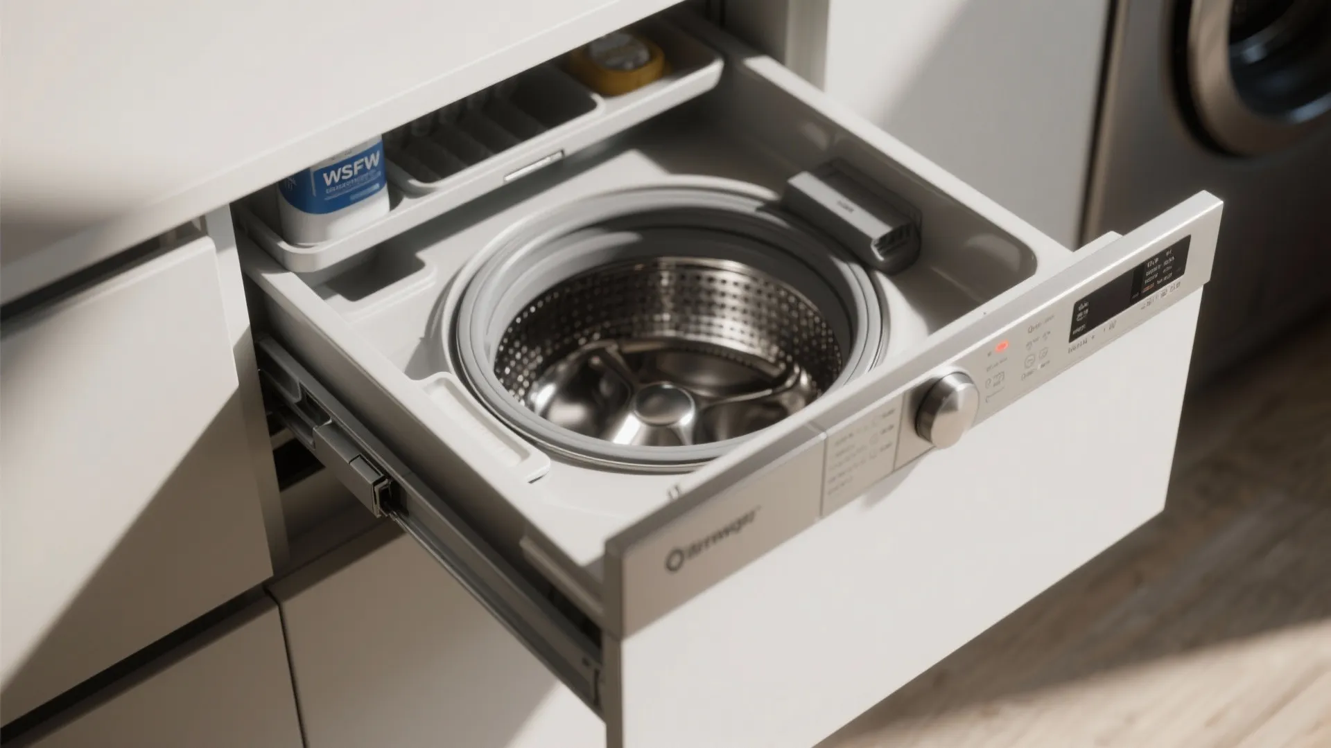 Macro view of a washer-drawer pulled out from a shallow cabinet highlighting compact depth and access.