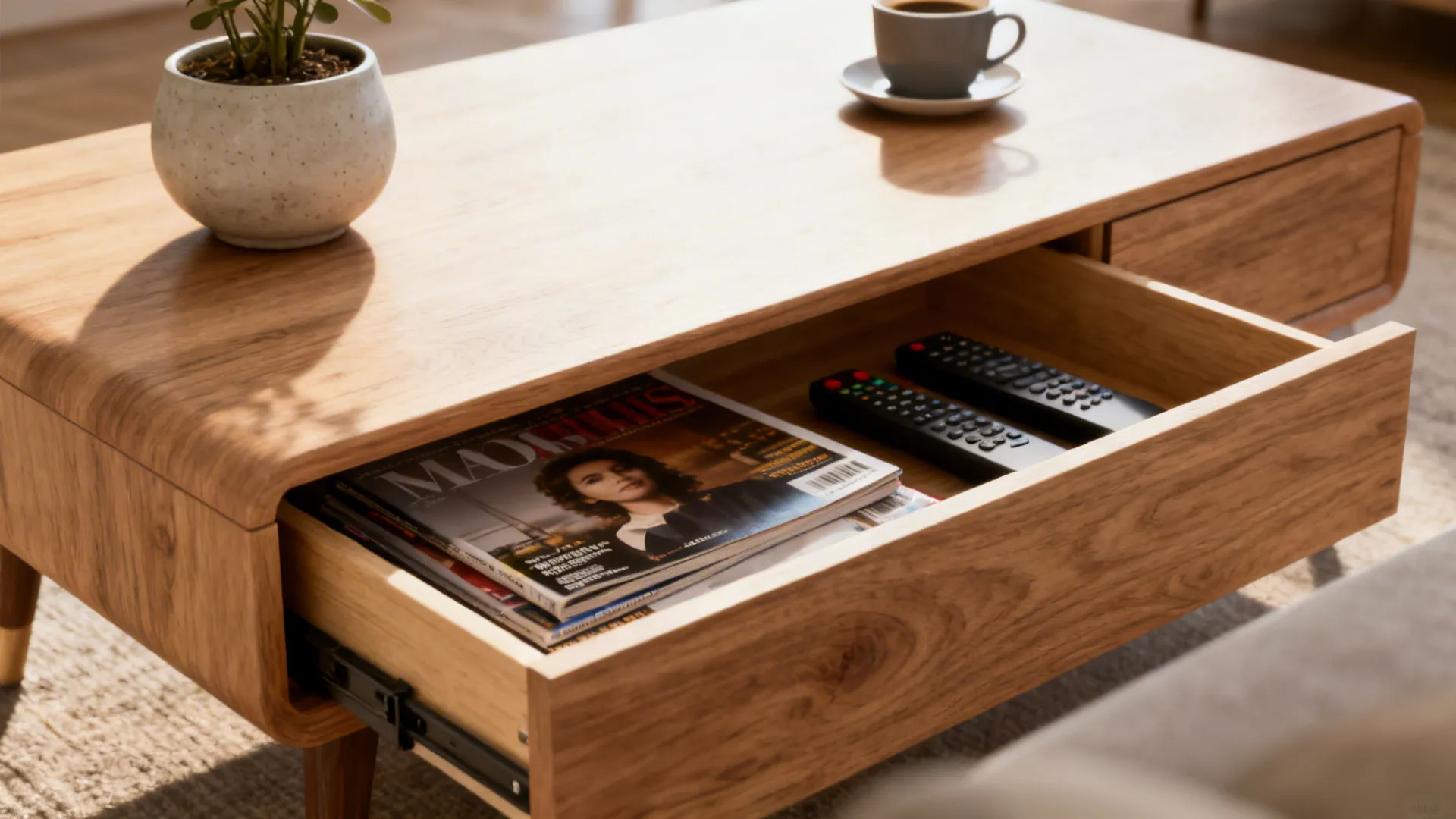 Wooden coffee table with an open drawer containing magazines and remote controls in a room