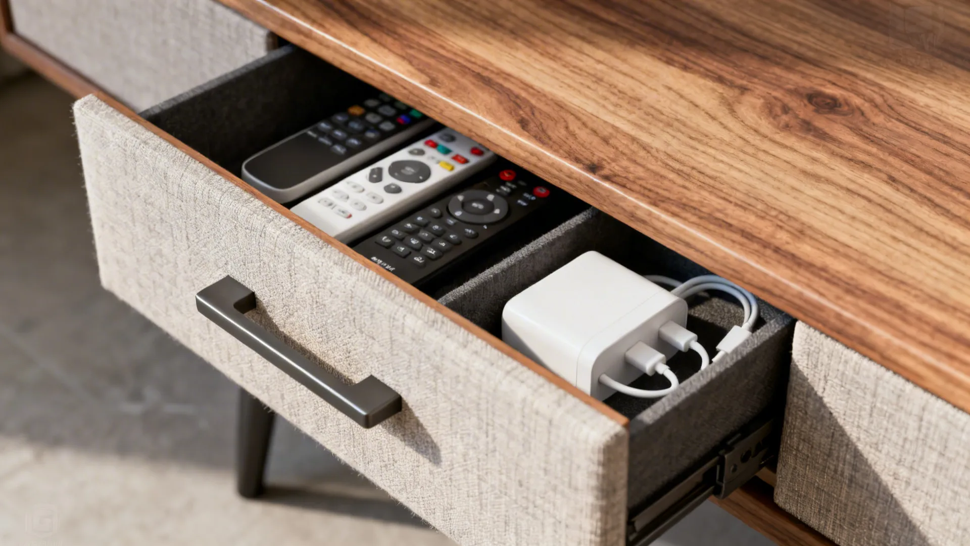 Close-up of a slim drawer in a narrow end table storing remotes and chargers