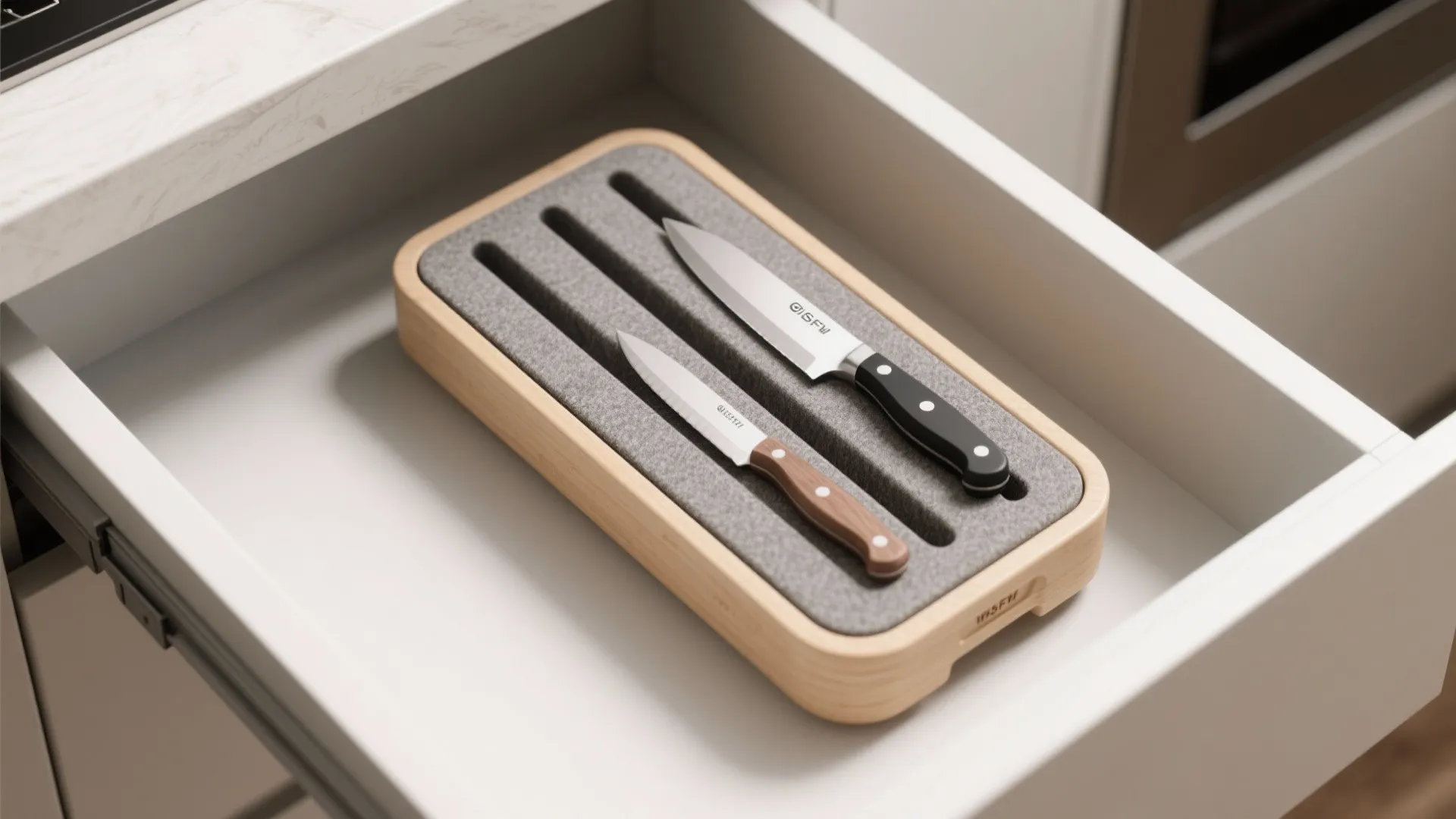 Wooden drawer organizer holding two sharp kitchen knives inside a clean white kitchen cabinet drawer