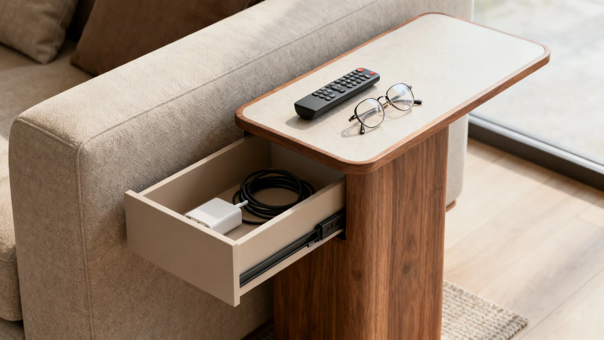 Slim pedestal side table with shallow drawer beside a sofa holding everyday essentials