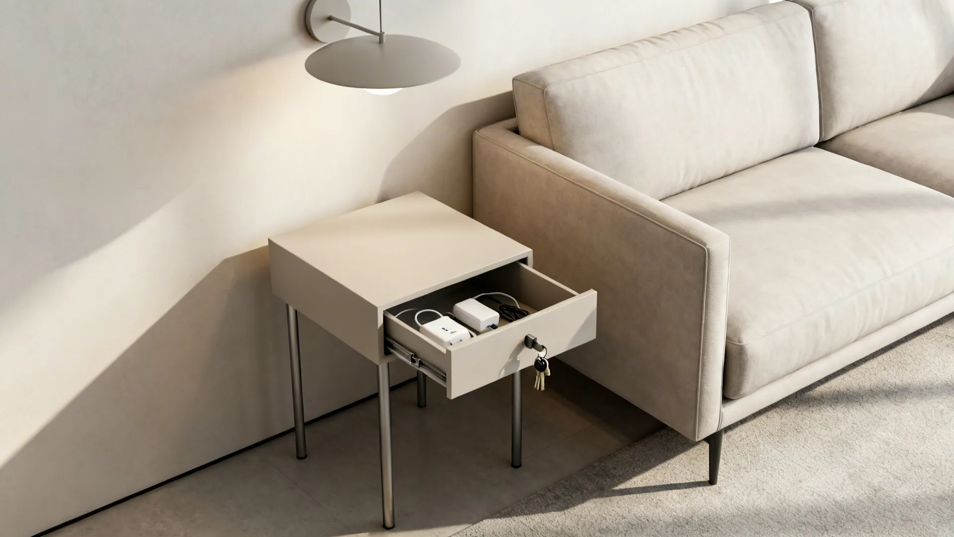 Slim square end table with a single drawer beside a loveseat, drawer open showing small essentials.